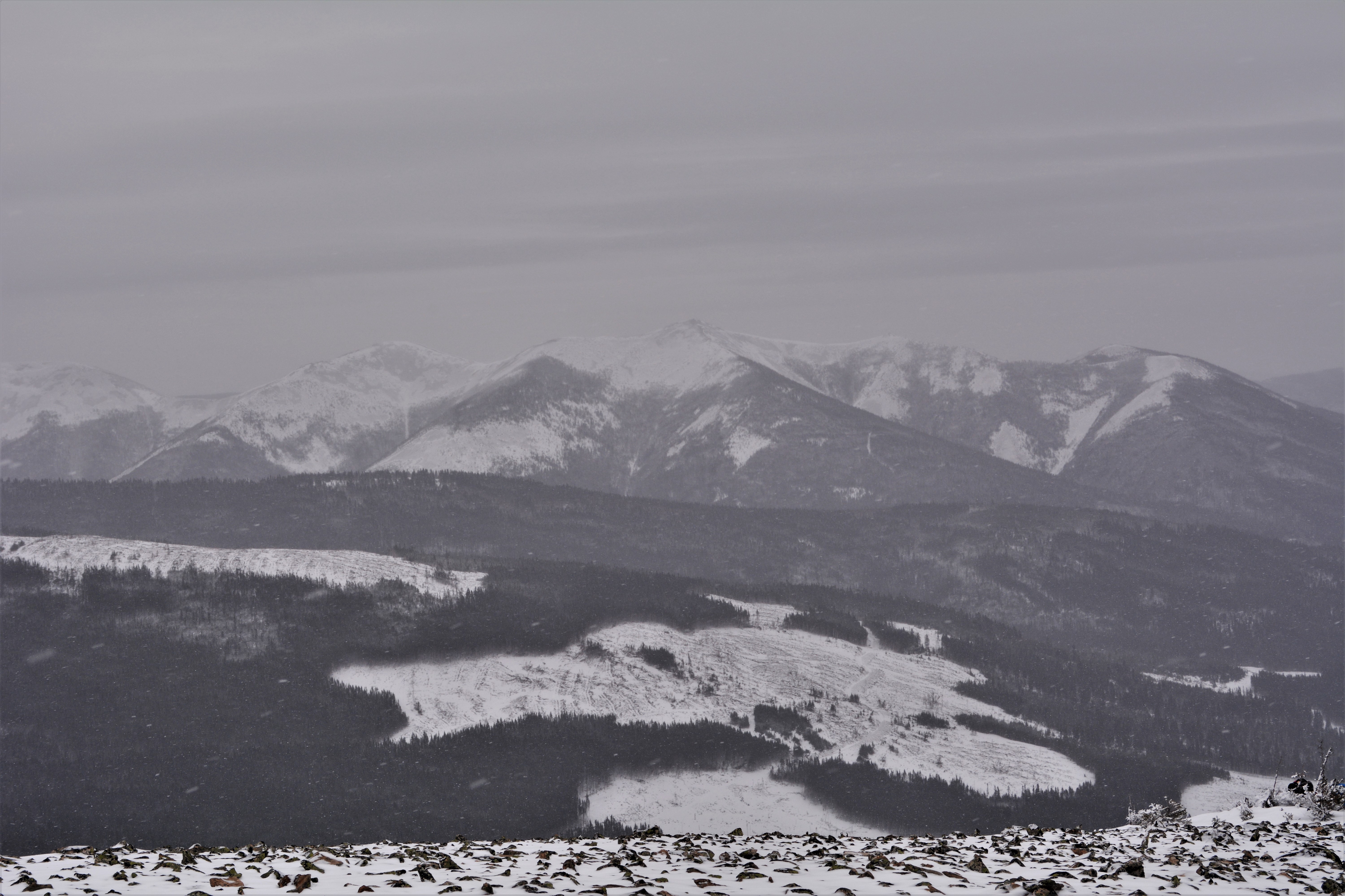 Vue sur les monts Chic-Chocs en hiver à partir du sentier du Mont Hog's Back dans la réserve faunique des Chic-Chocs