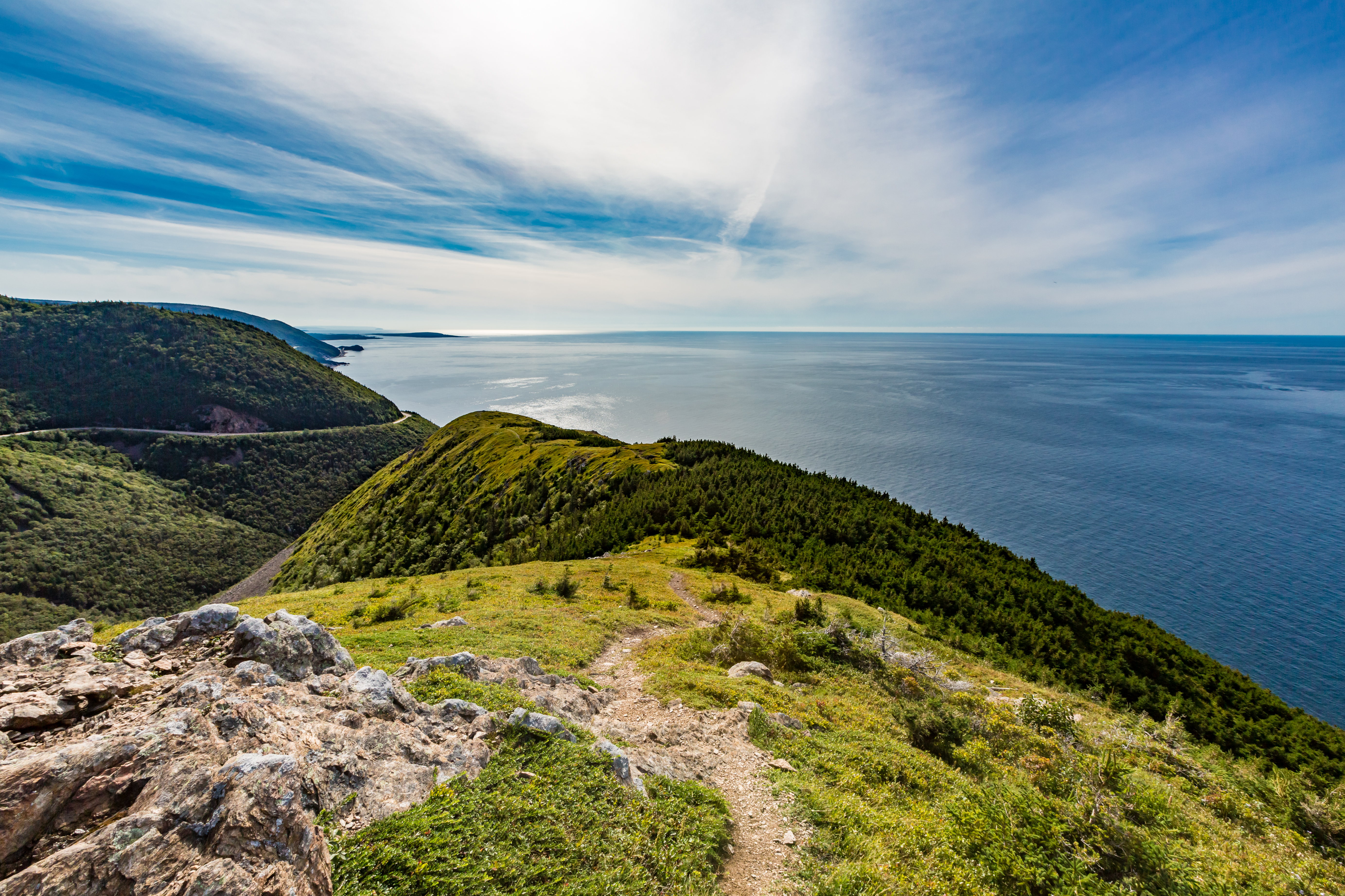 The Cabot Trail wraps around Cape Breton Island, as viewed from the end of Skyline Trail, Nova Scotia, Canada.