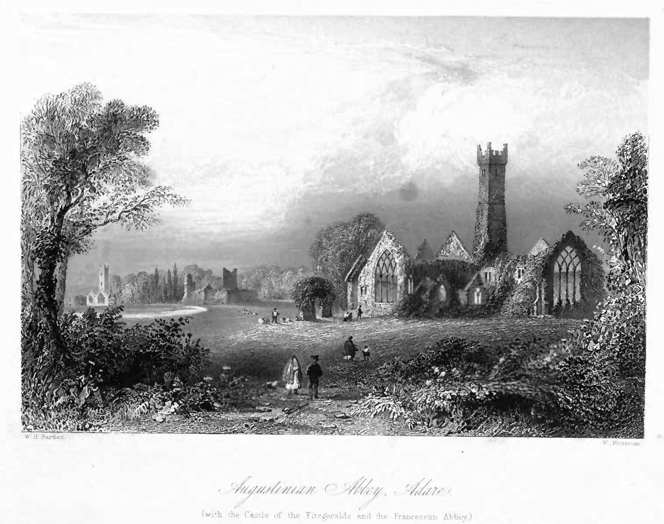 Adare Abbey, Bartlett, W. H. (William Henry), 1809-1854. Augustinian Friary left, Castle middle, Franciscan Friary right