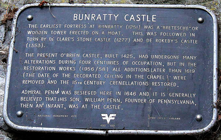 Bunratty Castle Plaque in English