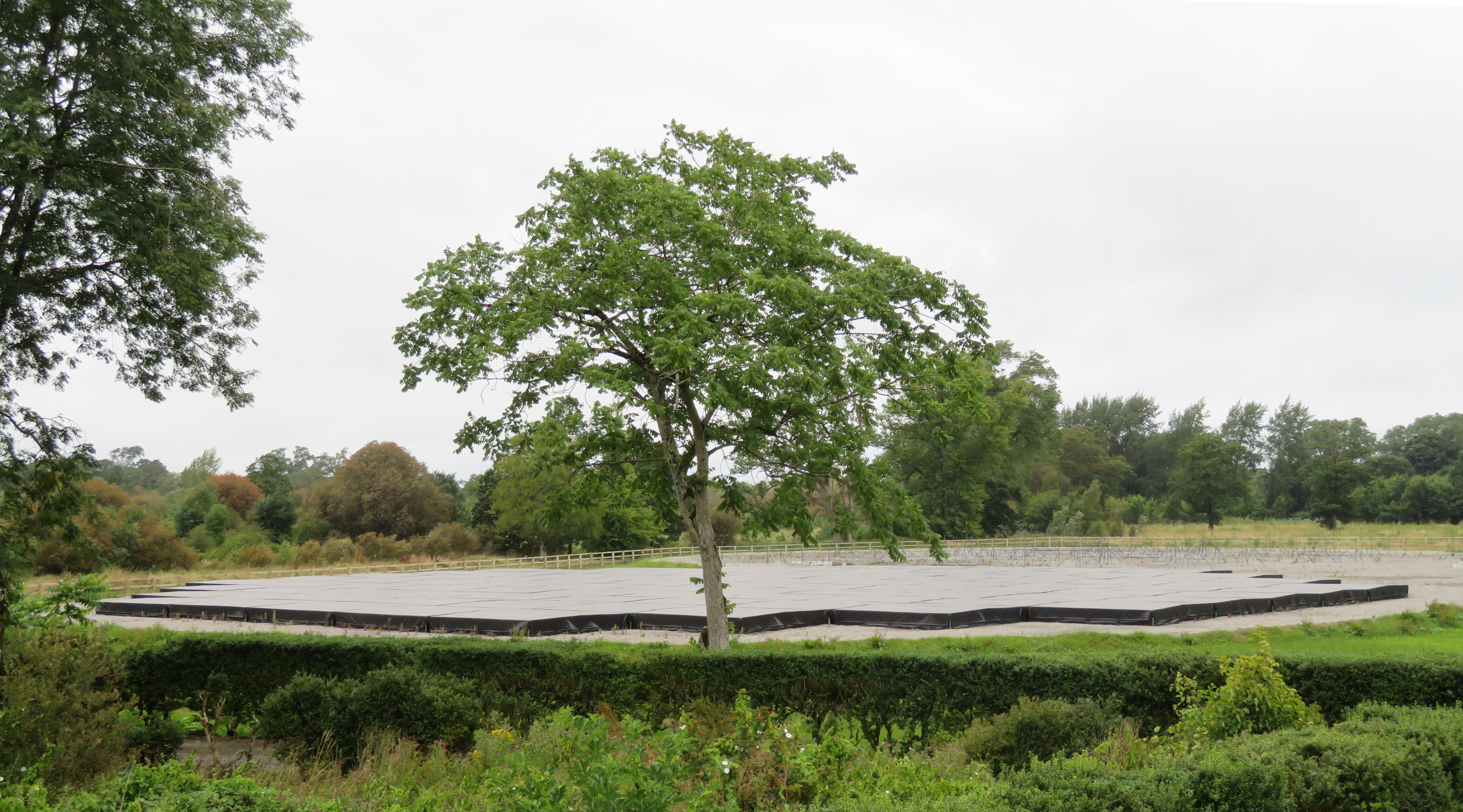 The Irish Low-Frequency Array (I-LOFAR), built at Birr Castle in Ireland in 2017, is a radio telescope that observes the universe at low radio frequencies during the day and night. It is part of the largest telescope in the world, with telescope stations in the array stretching across Europe between Ireland and Latvia. This effectively gives the combined virtual telescope a continent-sized baseline aperture of almost 2,000 km. In this location in Ireland (pictured) there are 96 high-band antenna assemblies (110–240 MHz) contained within the large, black mosaic of tiles in the foreground, and 96 low-band dipole antenna assemblies (10–90 MHz) – the array of poles resembling tall sewing pins in the background held in place by ground anchors, or guy wires; visually, the low-band array resembles a swarm of tripods. Within these assemblies are around 3,000 antenna units.  The data from this and the other telescopes in the LOFAR array across Europe are sent by high-bandwidth fibre optic cables to Groningen in the Netherlands where they are integrated and analysed by an IBM Blue Gene/P supercomputer.