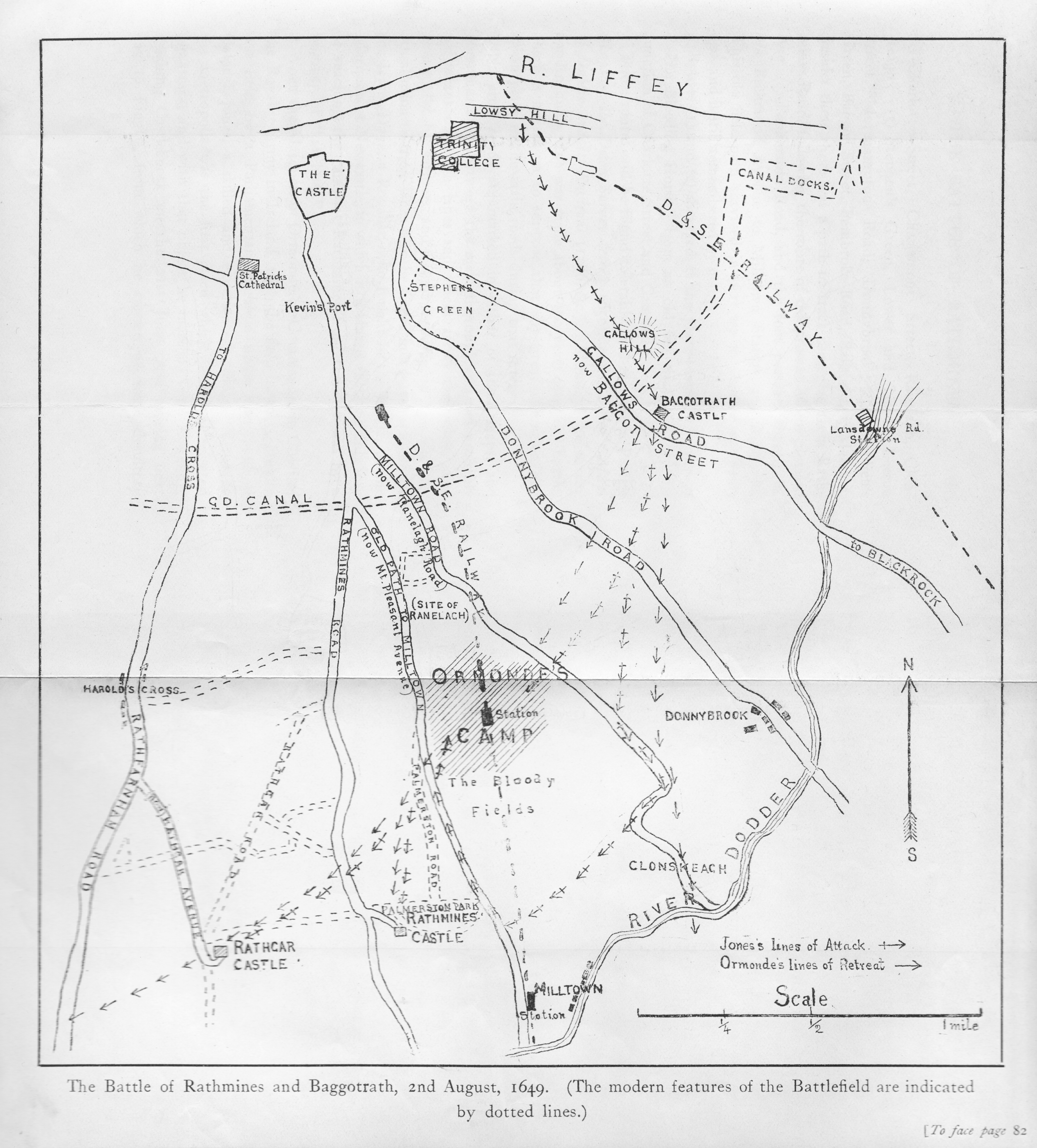 Map of the Battle of Rathmines and Baggotrath 1649, Dublin, Ireland. Part of the English Civil War 1641-1652 between Parliamentarians and Royalists. The Royalist Army in Ireland was led by the Marquess of Ormonde and sought to attack Dublin which was then held by the Parliamentarians under the command of Colonel Jones. Ormonde marched with his troops from Kilkenny reaching Castleknock on 21st June. Ormonde's troops numbered some 28,000 and Jones's garrison some 5,000. Ormonde was defeated.