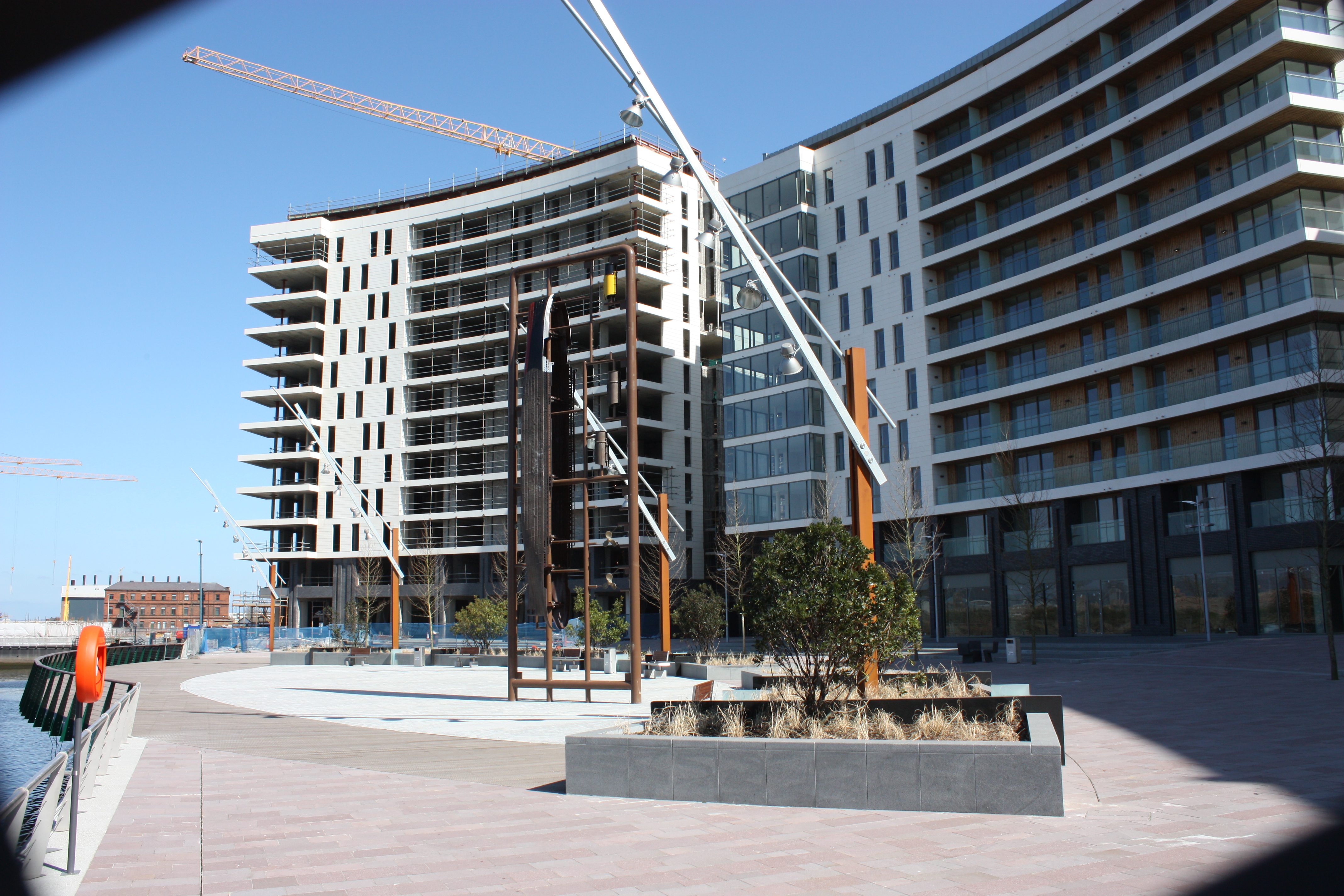 Titanic Quarter apartments and sculpture, Belfast, Northern Ireland, April 2010