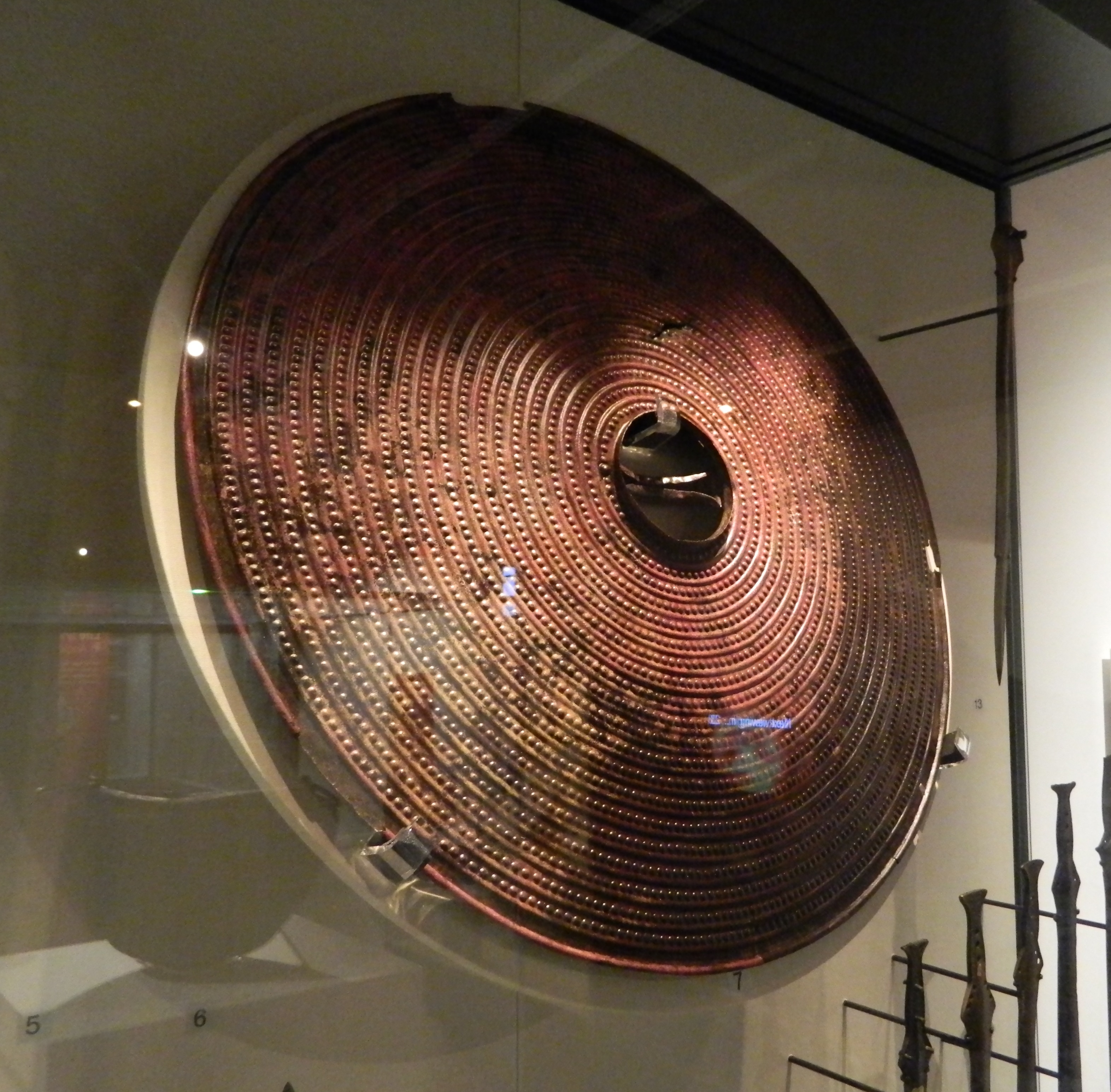 Decorated bronze shield, found in the River Shannon at Barrybeg, County Roscommon.  In the Ulster Museum.