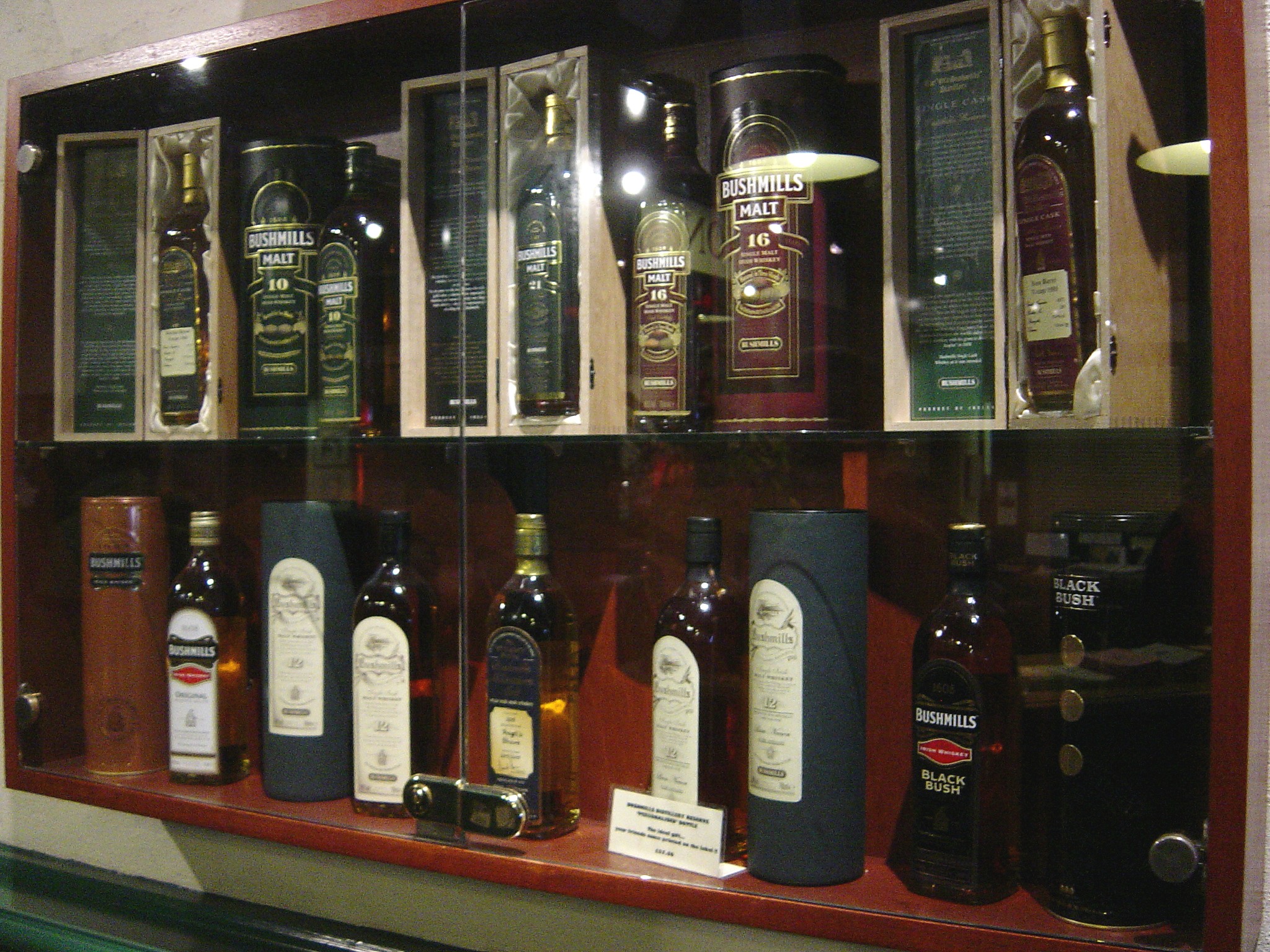 Bushmills  whiskey range on display at the Bushmills distillery.