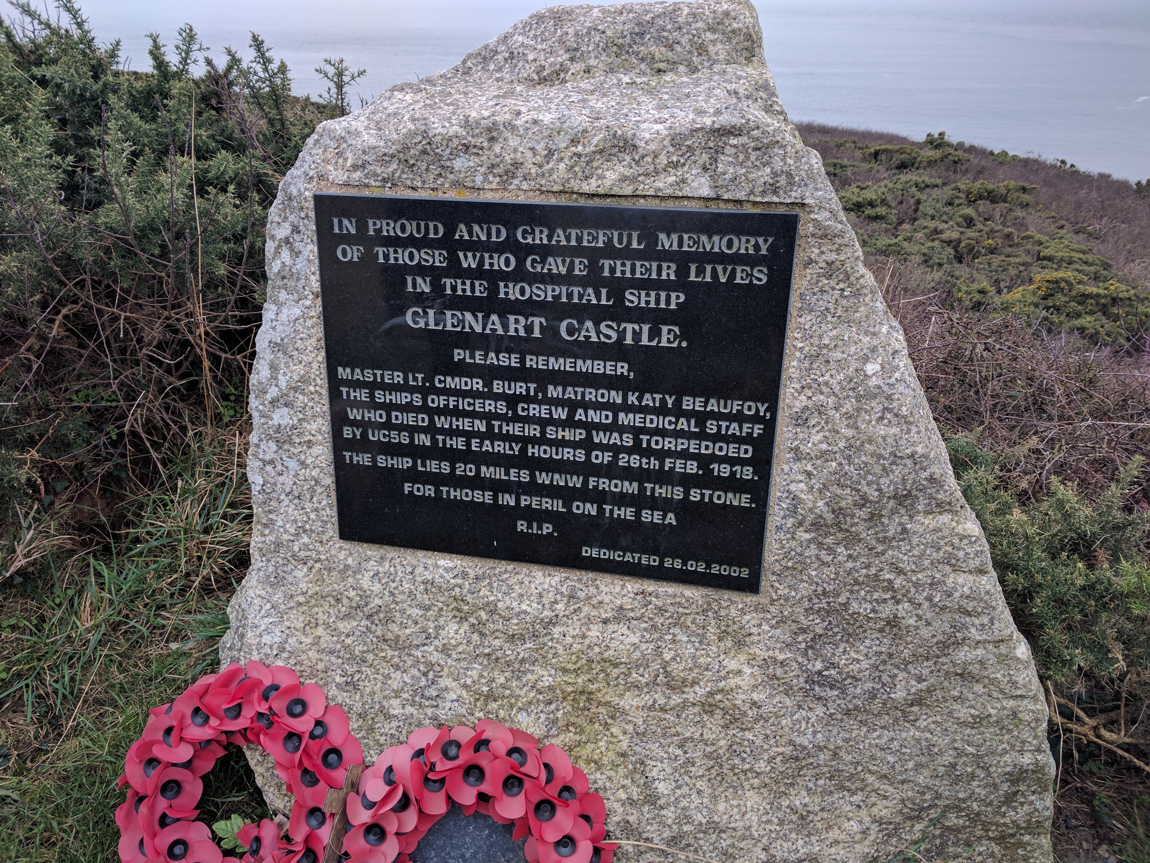 Memorial stone to the victims of the HMHS Glenart Castle, sunk by the German U-boat UC65 on 26th Feb 1918