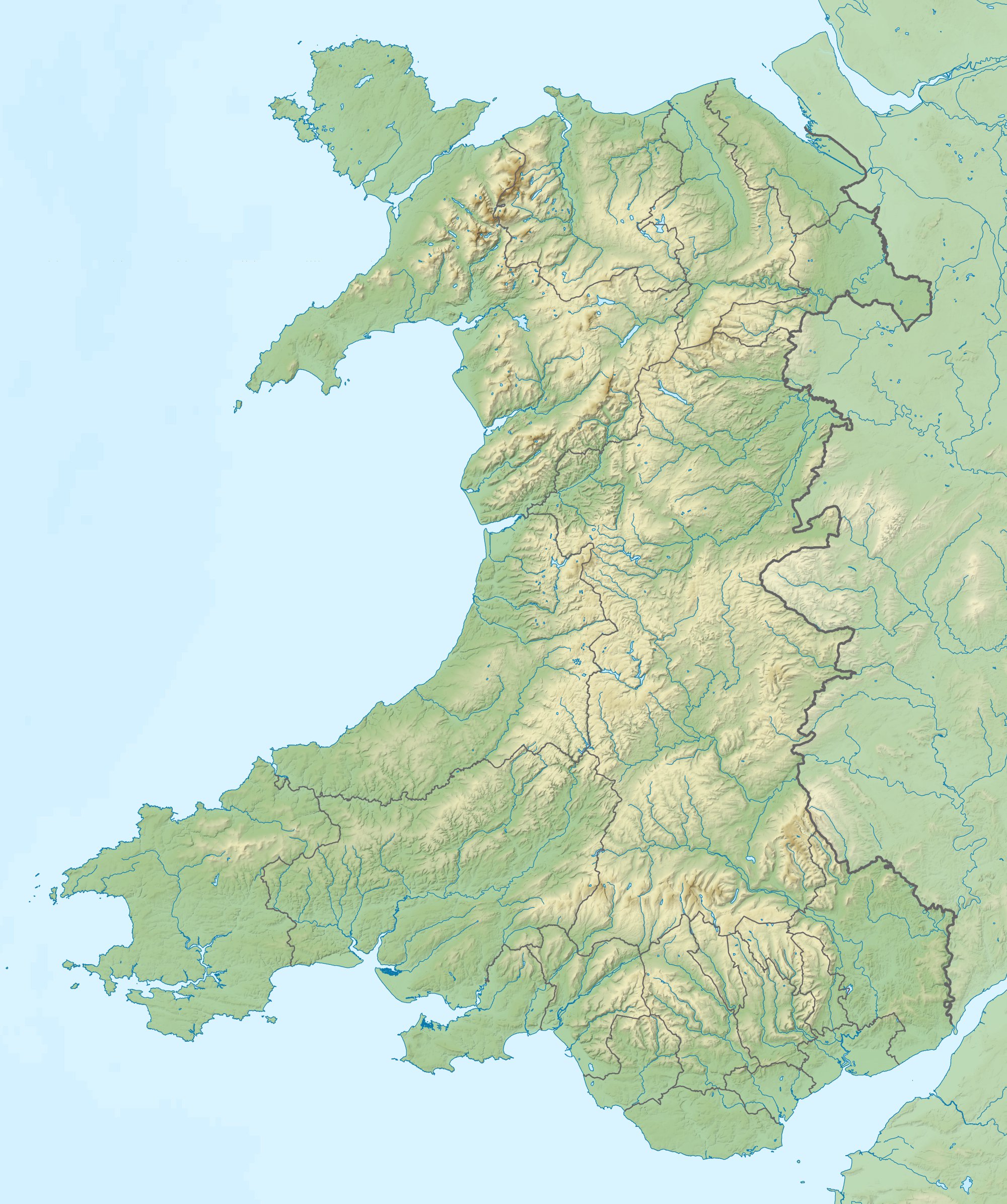 Relief map of Wales, UK.
Equirectangular map projection on WGS 84 datum, with N/S stretched 170%

West: 5.5W
East: 2.5W
North: 53.5N
South: 51.3N
