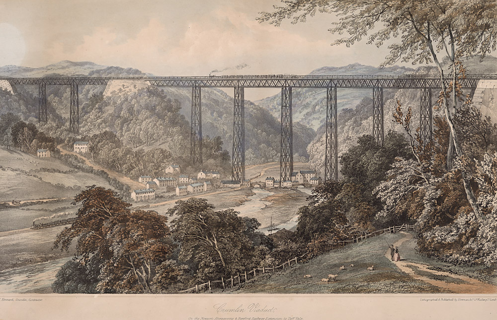 Abstract: A view of Crumlin Vidauct showing a steam train on viaduct, another below, as well as the river and houses.