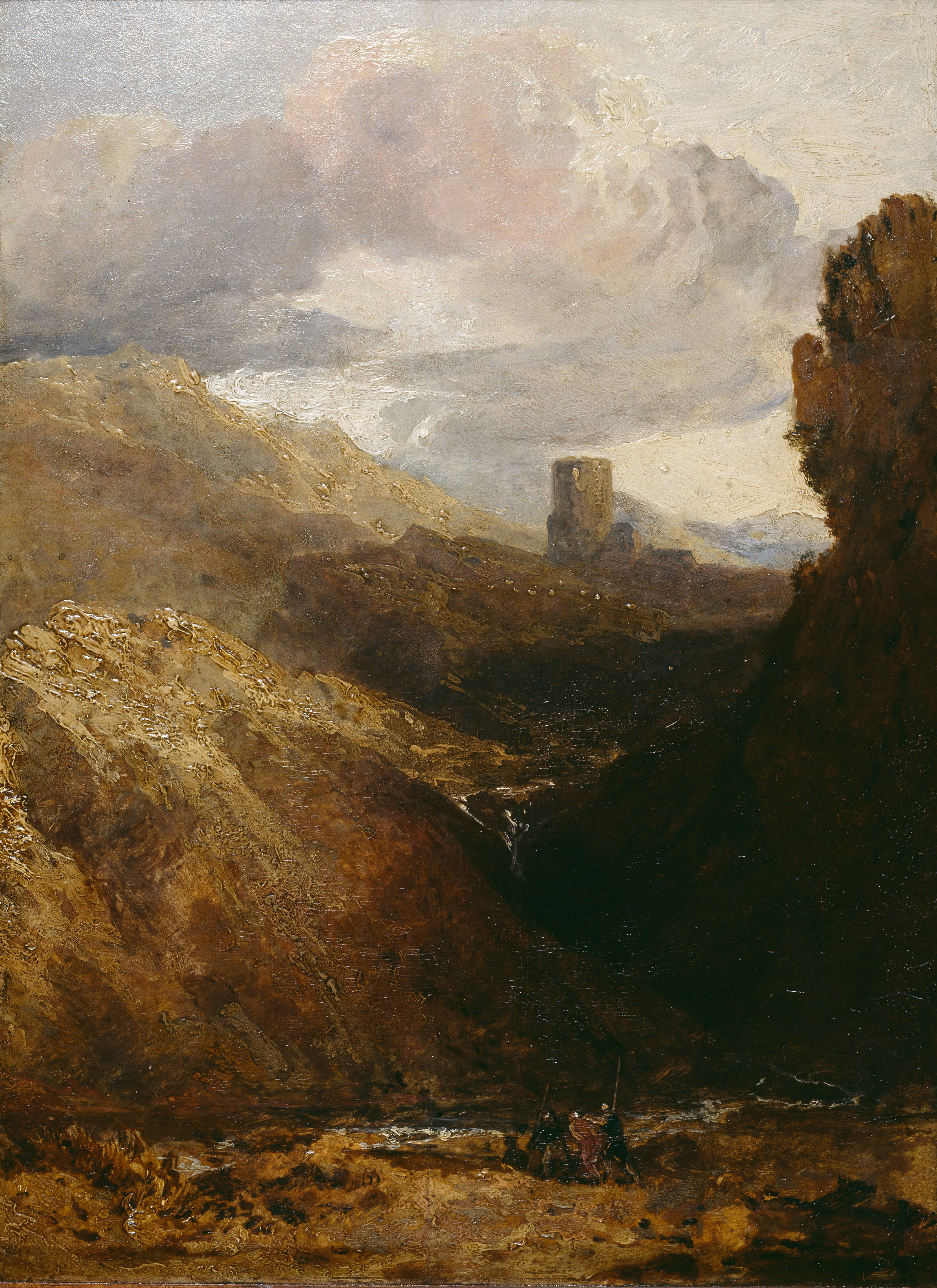 The picture was part of a long and detailed study of Welsh landscape by the artist. Turner's tour of Wales in the Summer of 1798 included a visit to Dolbadarn but his tour of 1799 resulted in the Dolbadarn Sketchbook (Tate Britain TB XLVI)and numerous studies. On his return to London Turner undertook a large scale project to develop the ideas of tragic Welsh history and wild mountain landscape. The present work was part of that project and a culmination of his drawings and watercolours where he changes pace towards the grand oil painting which he offered to the Royal Academy as his diploma piece in 1800. The painting depicts a tragic moment in Welsh history: in 1255, Owain Goch the brother of Llywelyn ap Gruffydd ( Y Llyw Olaf,obit. 1282) was imprisioned at the tower until a release order was given in 1277. This event marked an important aspect of the break up of native Welsh rule. Owain is shown wearing a red tunic, led by soldiers to Dolbadarn tower, which was set at a considerable height in the middle distance.