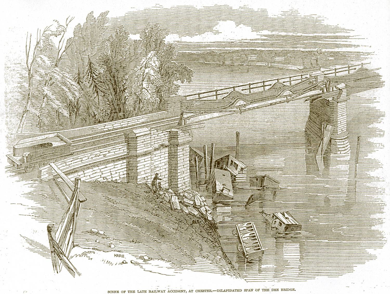 The Late Railway Accident, at Chester. Illustration for The Illustrated London News, 12 June 1847.
Signed: Hare -  Artist, or engraver: Engraved by Hare

Page 380 in the ILN