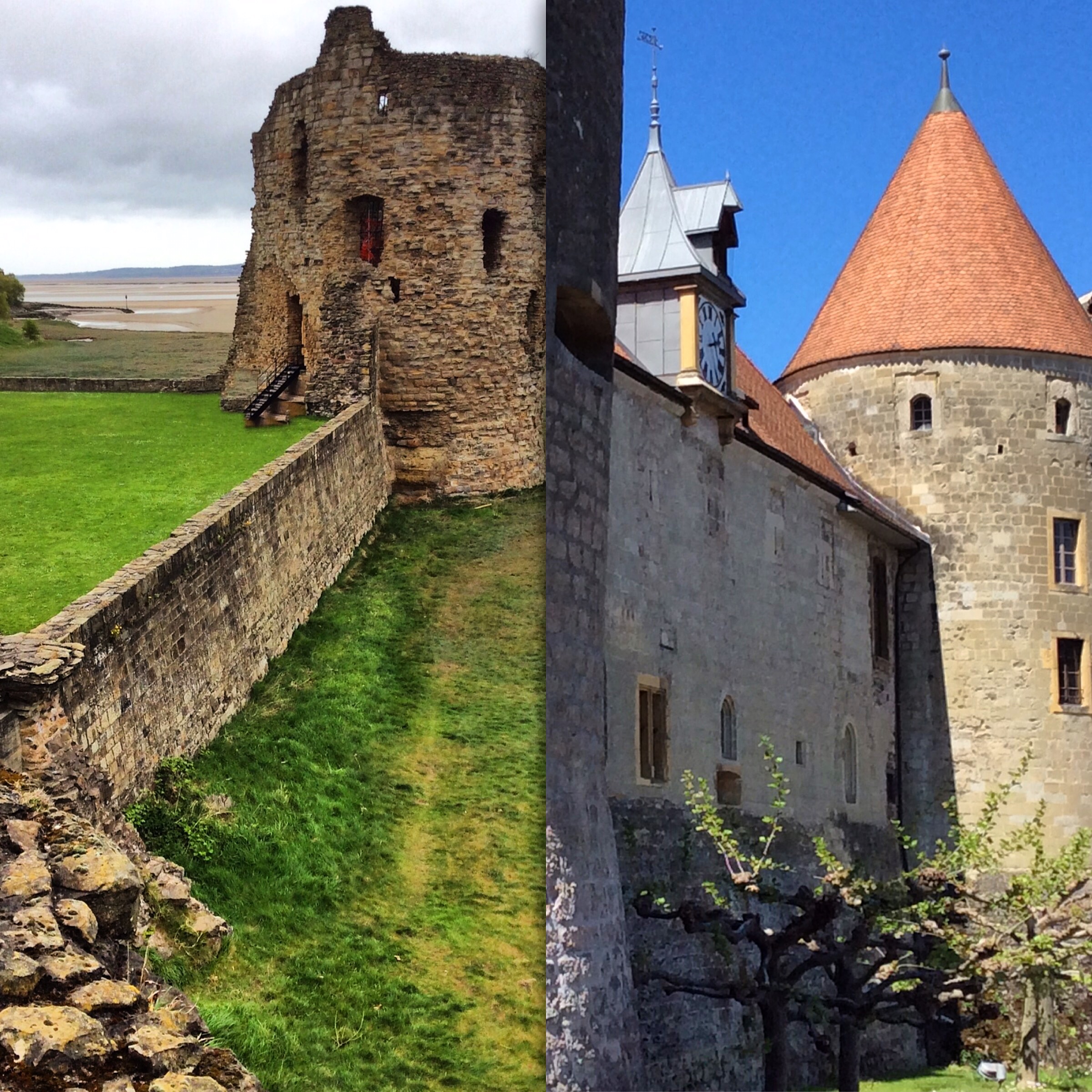 Flint Castle in North Wales compared with Chateau Yverdon by Lake Neuchatel