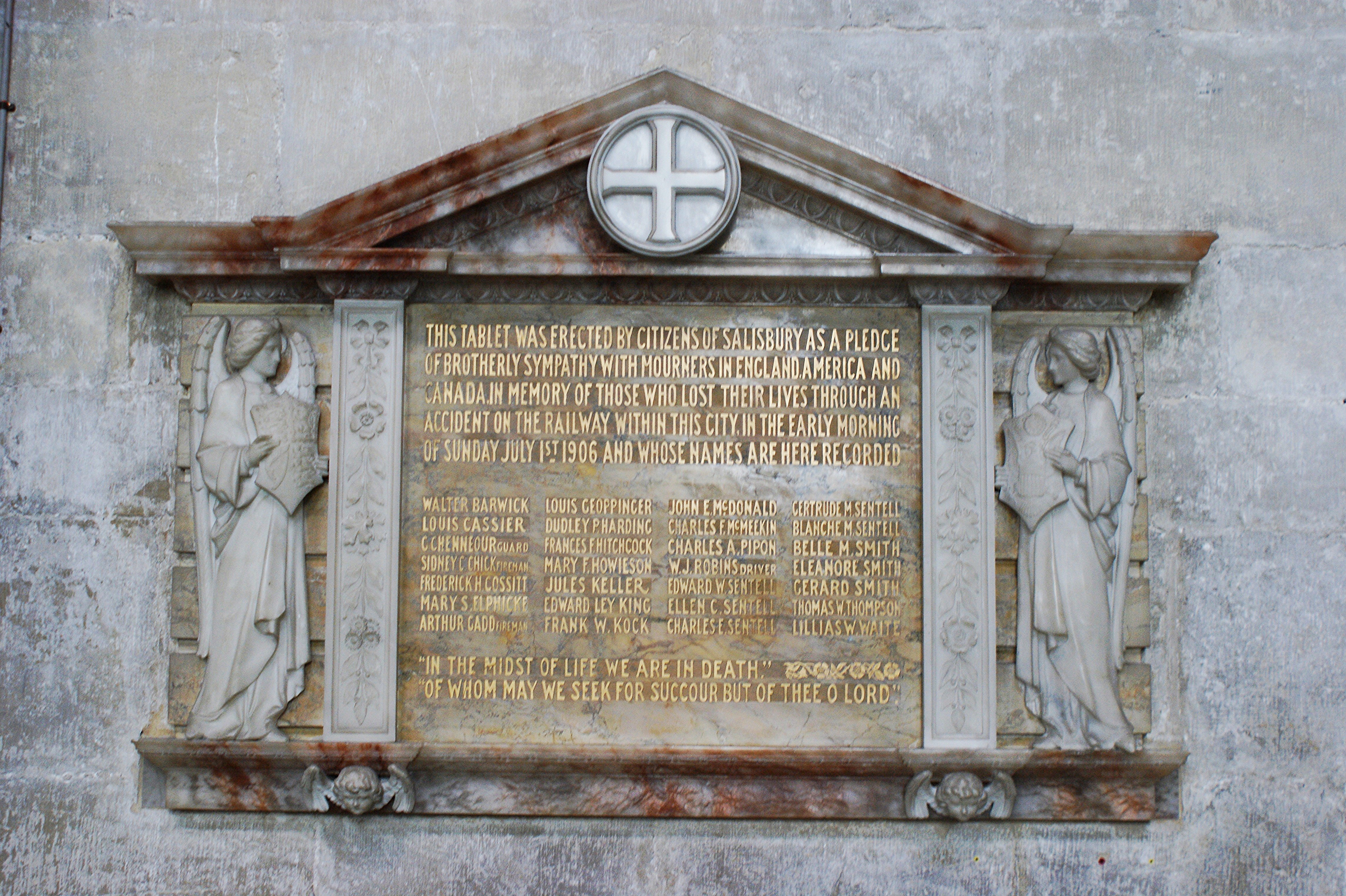 Monument to a London &amp; South Western Railway train crash at Salisbury 1906 in Salisbury Cathedral (St. Mary). Picture taken 28 July 2014.