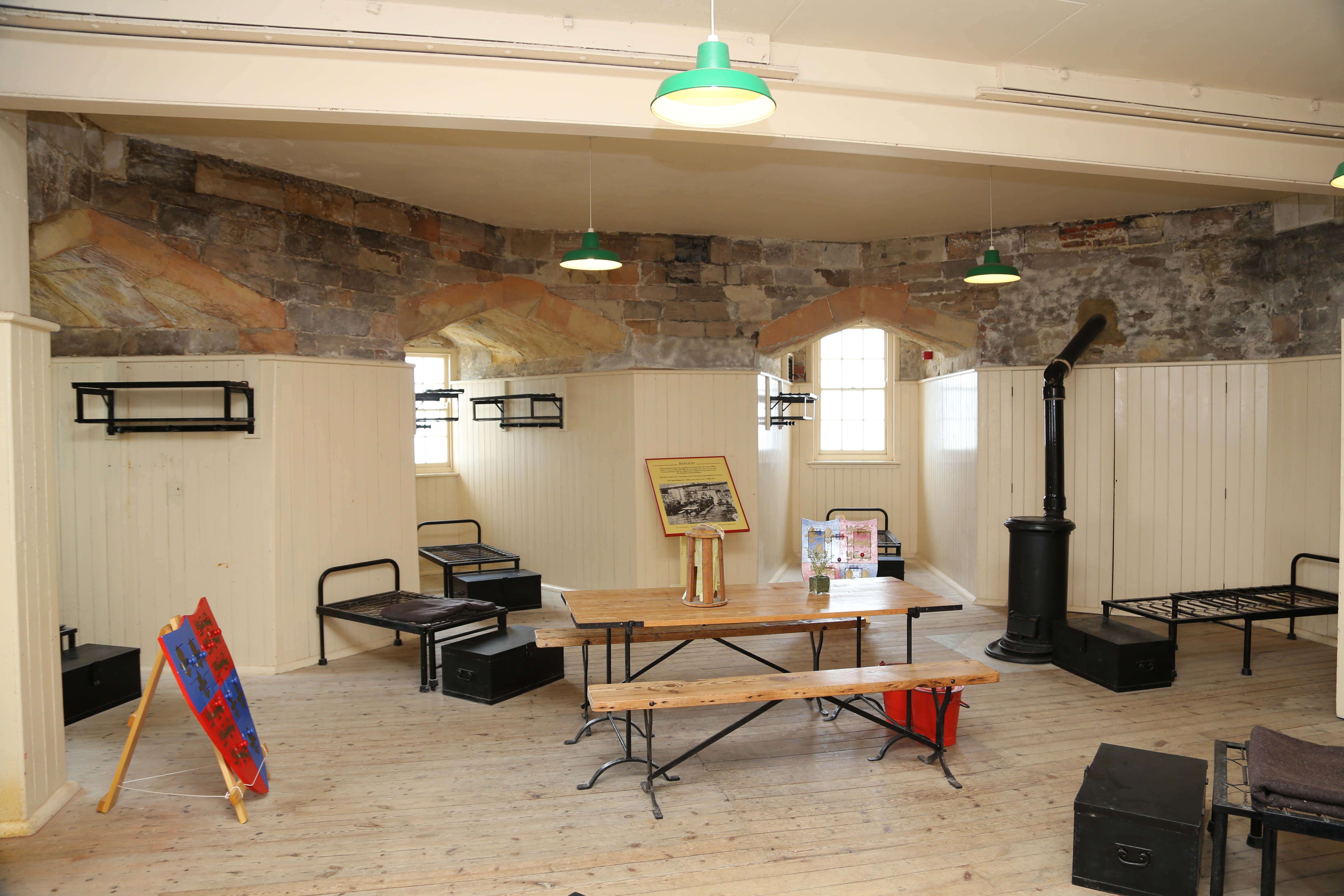 Photo of the first floor barracks in  Calshot castle. It was designed to hold 11 people.