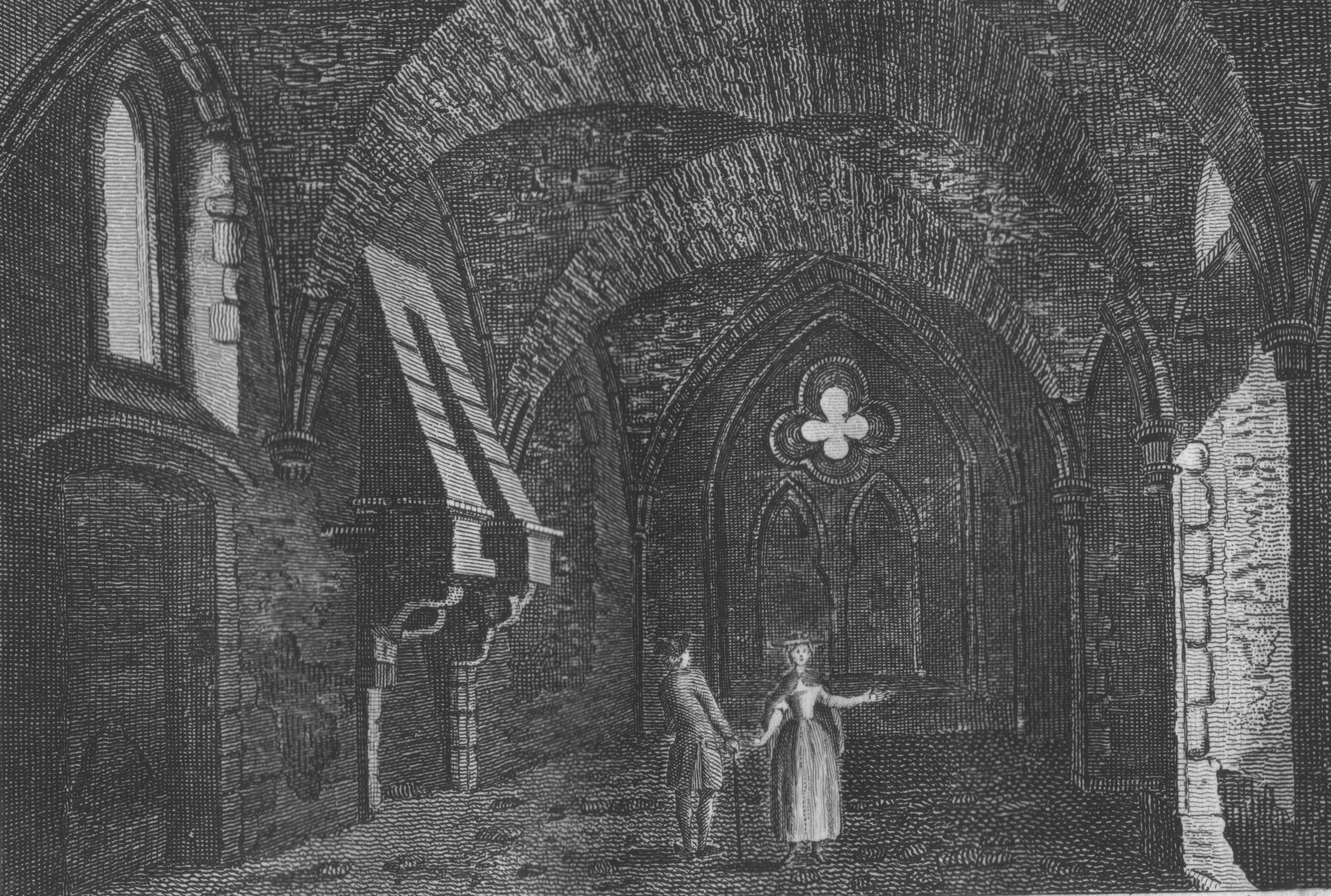 A pair of eighteenth century visitors explore the vaulted hall on the ground floor of the reredorter at Netley Abbey. The room has changed very little from their time save that the blocked windows and doors have been re-opened.