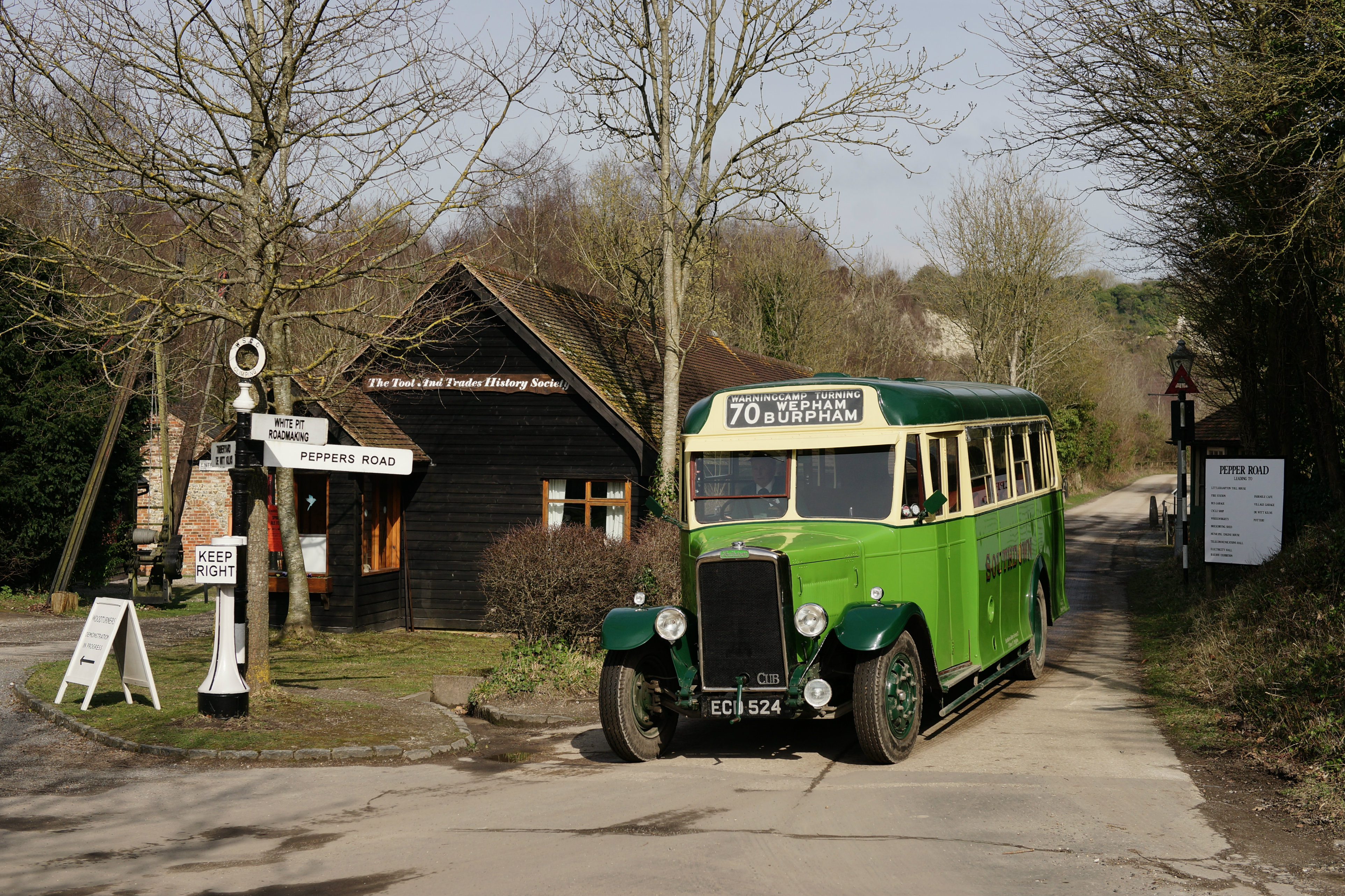 1937 Leyland Cub single-deck 24-seater in Southdown Motor Services livery, in service during the Amberley Springfest Ale Festival