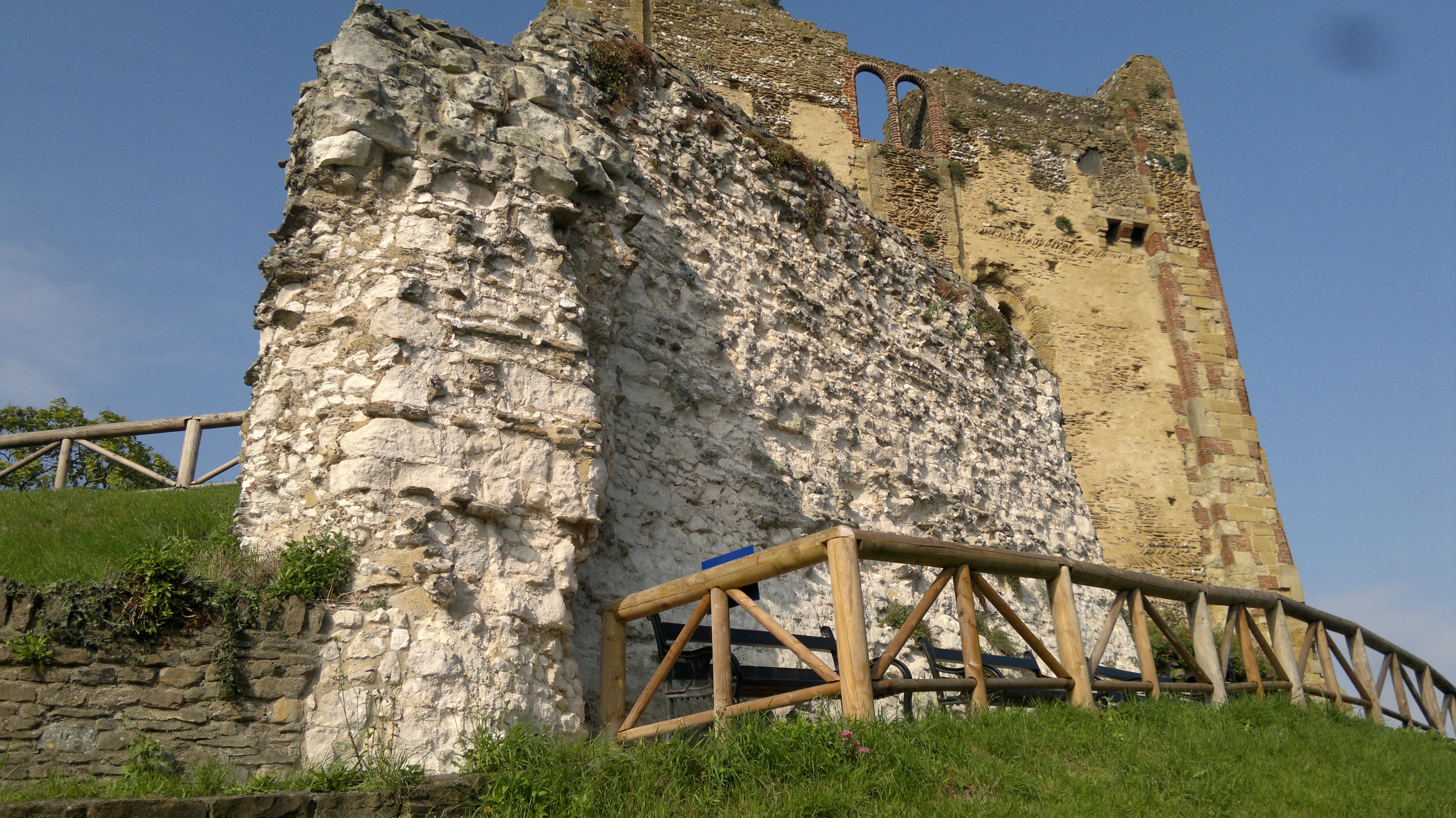 Remains of the shell keep at Guildford Castle, with the 12th-century keep in the background