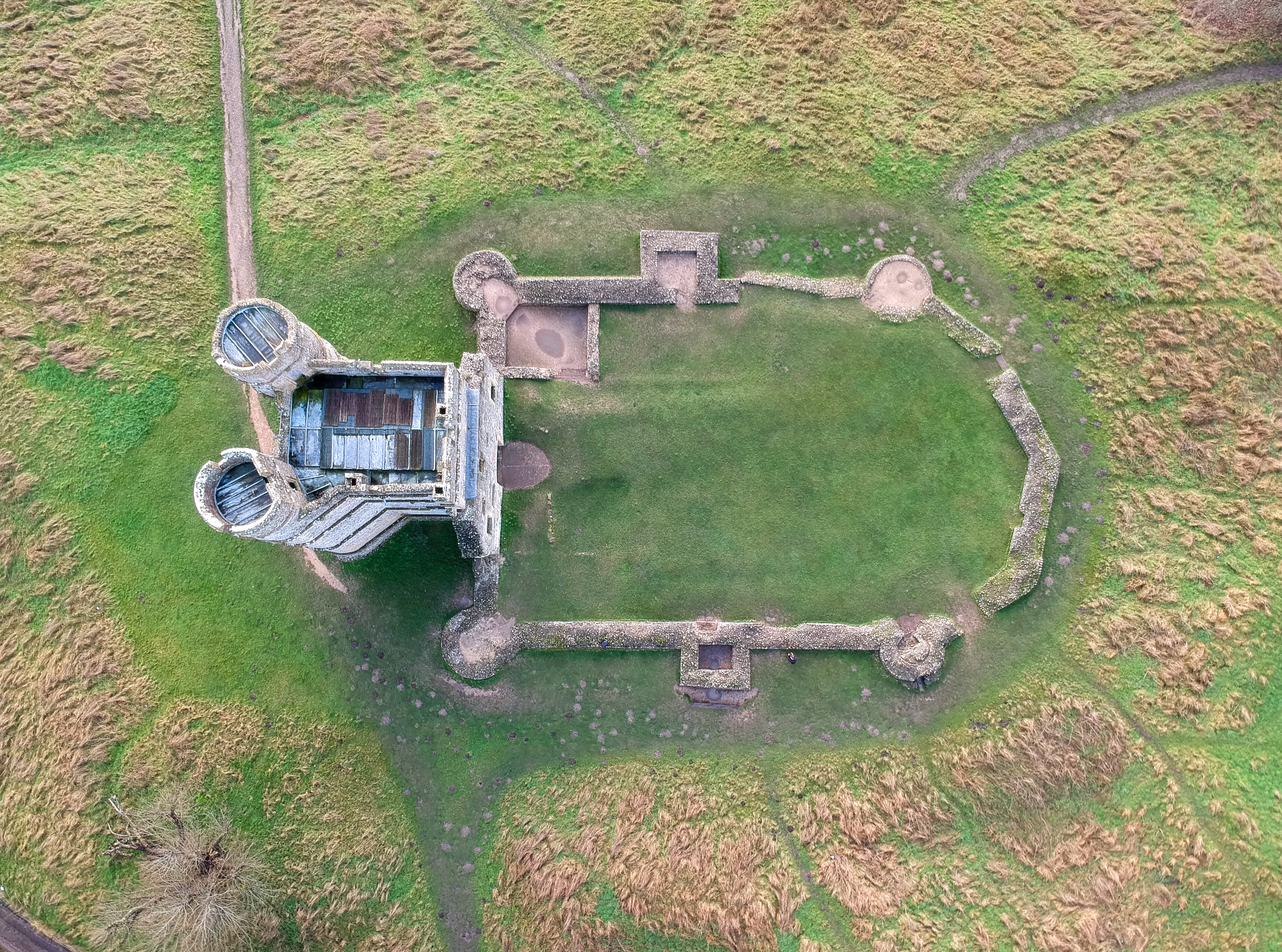 Aerial plan view photo of Donnington Castle, Newbury, Berkshire. Taken on 12th January 2020