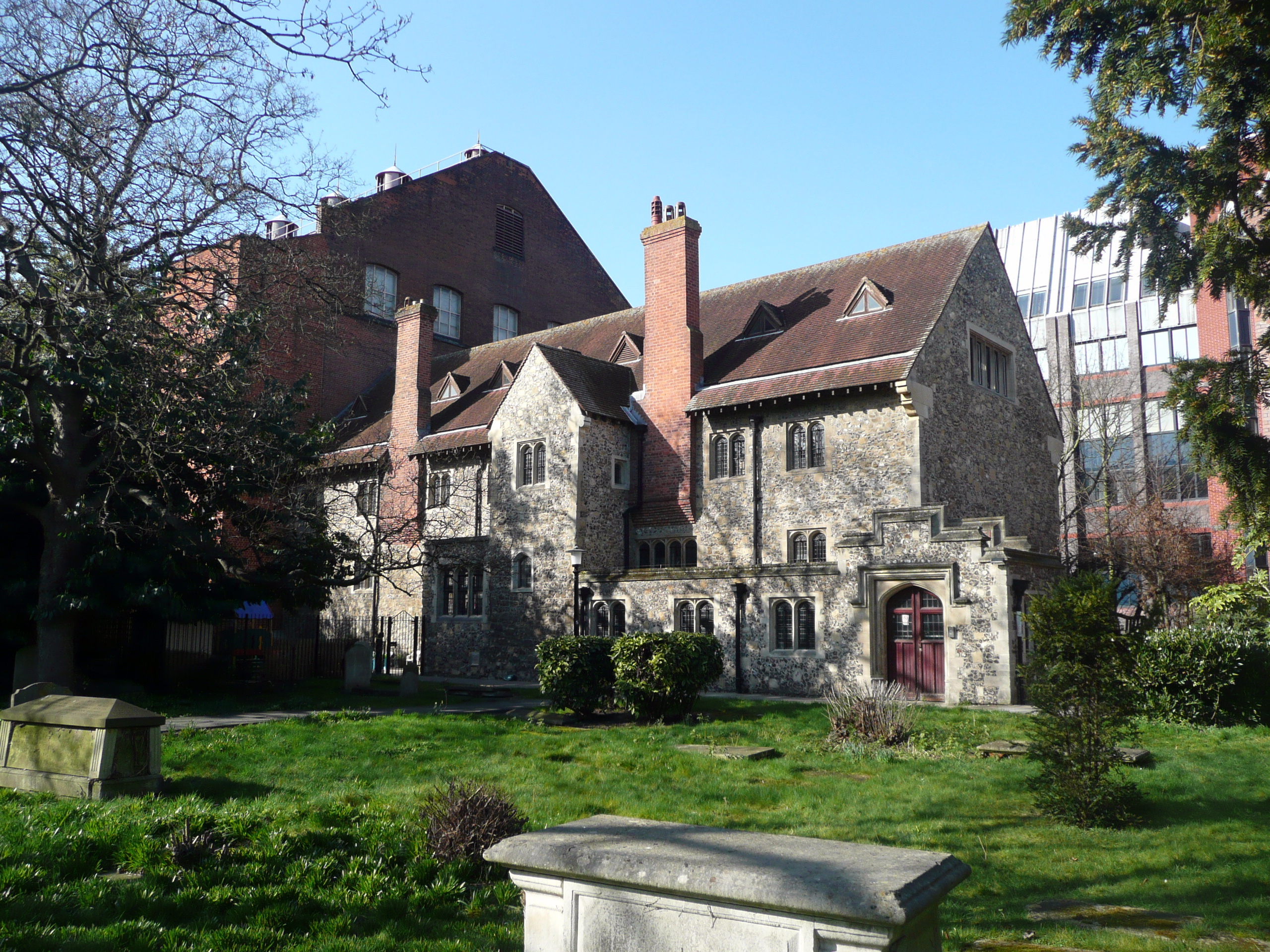 Former Hospitium of St John the Baptist. Guesthouse and Alms Houses associated with Reading Abbey and built in the late 15th Century. Restored in 1892 as laboratories for the University College