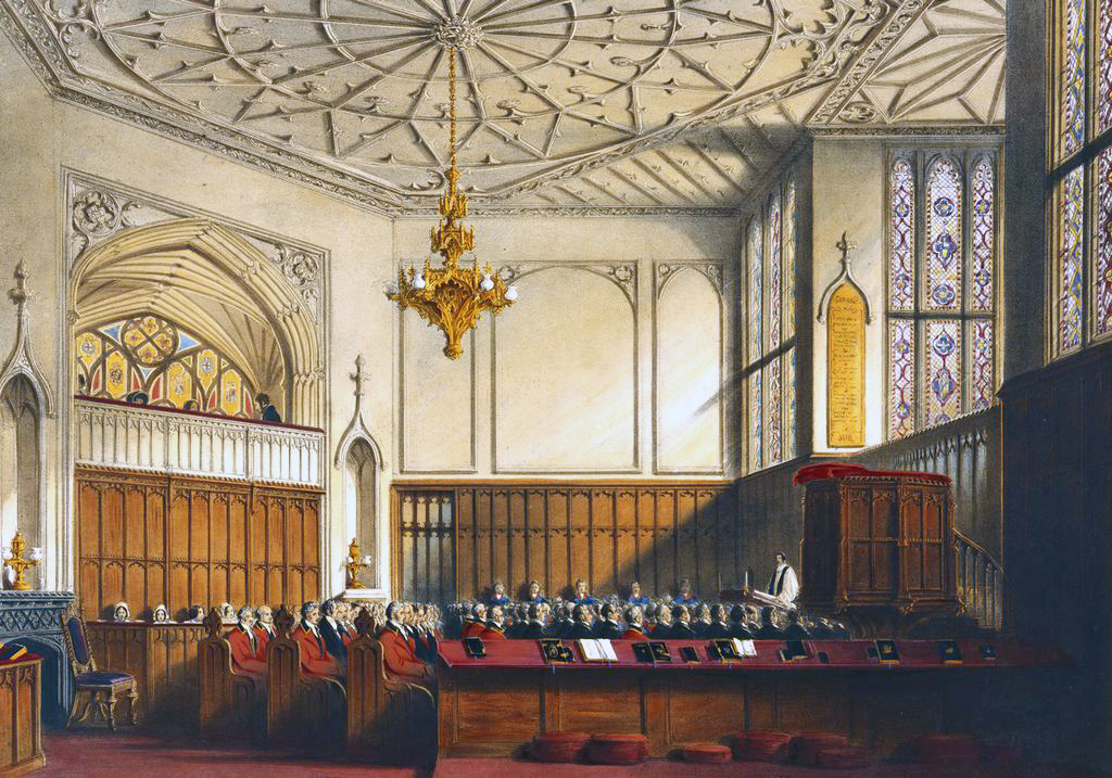 A colour lithograph of the Private Chapel, Windsor Castle, England.