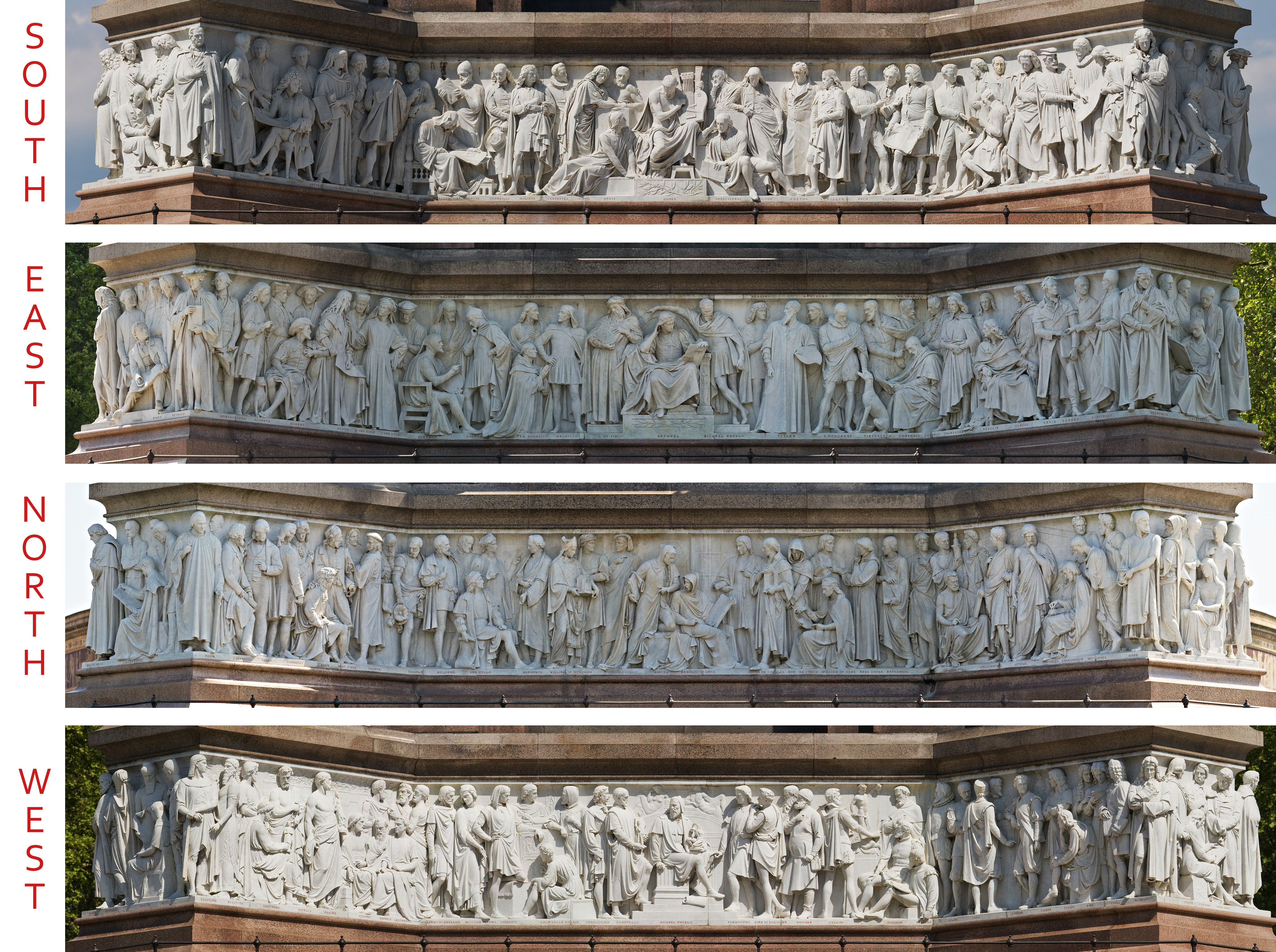 A collage of 4 four-segment panoramic images of The Albert Memorial Friese. Taken by myself with a Canon 5D and 70-200mm f/2.8L at 200mm.