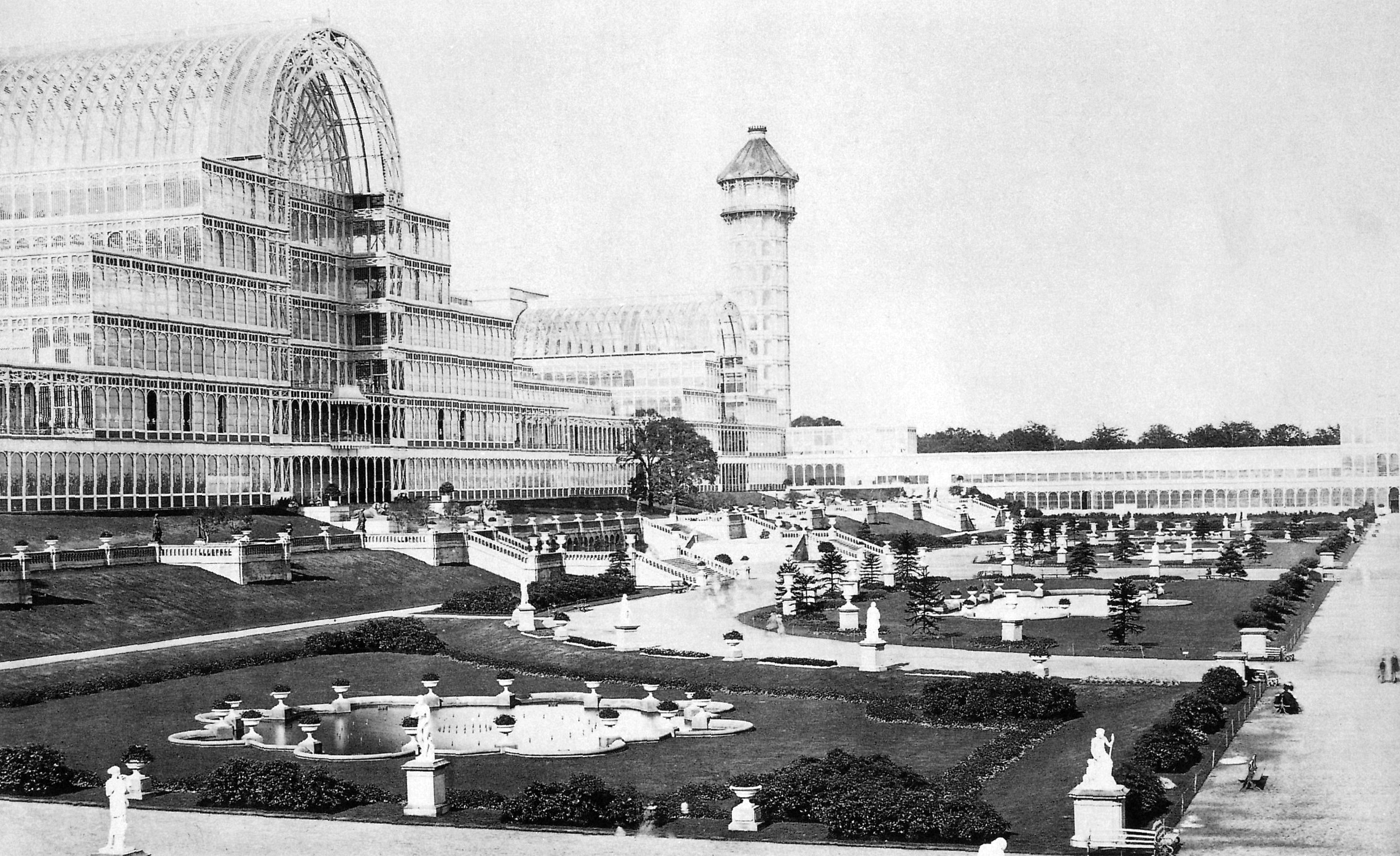 Exterior view of the Crystal Palace after the building was relocated to Sydenham, South London, following the exhibition of 1851.