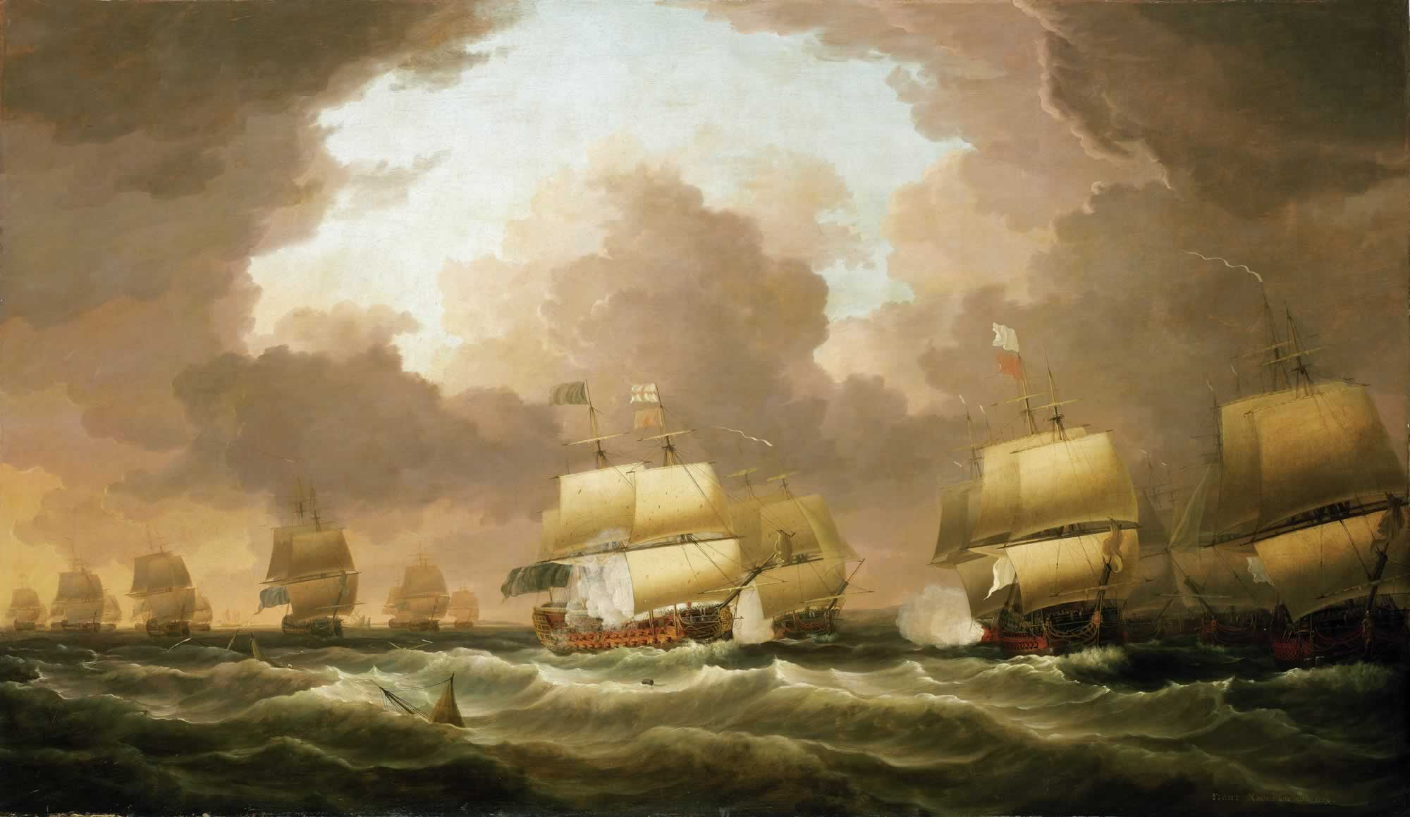 The Battle of Quiberon Bay, on 20 November 1759, was the most decisive naval encounter during the Seven Years War, 1756-63, a conflict involving the major European colonial powers and fought around the globe. France had been at war with Britain since 1756, her position in Canada, India and the West Indies was on the point of collapse and in Europe she faced stalemate against Prussia, which received British support. The battle resulted in the destruction of the French Brest fleet and occurred when the French broke out of the five-month English blockade of Brest. In an attempt to solve her problems the French planned to land an army of 20,000 men in Ireland. This force was assembled largely in the gulf of Morbihan in southern Brittany under the Duc d'Aiguillon, and was to be escorted by the Brest fleet under Admiral de Conflans. Admiral Sir Edward Hawke's Channel Fleet blockaded Brest to prevent the French leaving to collect the troop transports, but during a gale in the first week of November, Hawke's ships were forced to run for shelter in Torbay, giving de Conflans the chance to escape. On hearing that the French had done so Hawke went in pursuit and, on 20 November, sighted him 20 miles out to sea. De Conflans, relying on local knowledge, ordered his fleet to take refuge in Quiberon Bay, south of Morbihan, assuming Hawke would not follow, both because night was quickly coming on and when he saw the area was one of ill-charted rocks, reefs and wild seas. This was a miscalculation, for Hawke relentlessly pursued him into the bay, losing two of his own ships on the outer reefs but sinking the French 'Thesee' outright and otherwise decimating de Conflans' force in what became an action practically in the dark. The French flagship ‘Soleil Royal’ went aground in the bay, near Le Croisic, and was burnt the following day. Others were captured and, of the few which managed to escape into the mouth of the River Vilaine, all were trapped for months, and one more lost by grounding. This action stopped any French plans to invade Britain during the Seven Years War. The famous naval song 'Hearts of Oak' was composed to commemorate the battle, which was fought so close inshore that contemporary accounts reported that 10,000 persons watched it from the coast. This painting shows Hawke's 'Royal George' in the middle (with his squadronal colour as Admiral of the Blue at the mainmast): de Conflans' 'Soleil Royal', correctly shown as a two-decker, with white at the main above a red flag, is second from the right. Serres painted a larger version of this composition in 1766, also previously in the Museum, but disposed of as a duplicate in 1995. This one, dated 1779, was painted for Captain William Locker, a protege of Hawke's who was a lieutenant in the 'Sapphire' at Quiberon Bay and became a considerable patron of artists, Serres in particular. From 1793, just after the start of the French Revolutionary War, he was Lieutenant-Governor of Greenwich Hospital for Seaman, and presented this picture to it in June that year. In 1795 he also proposed that the Hospital's Painted Hall be turned into a national gallery of naval art. This got no further at the time but in 1824 was carried into effect in 1824 by his son Edward Hawke Locker, then the Hospital Secretary.