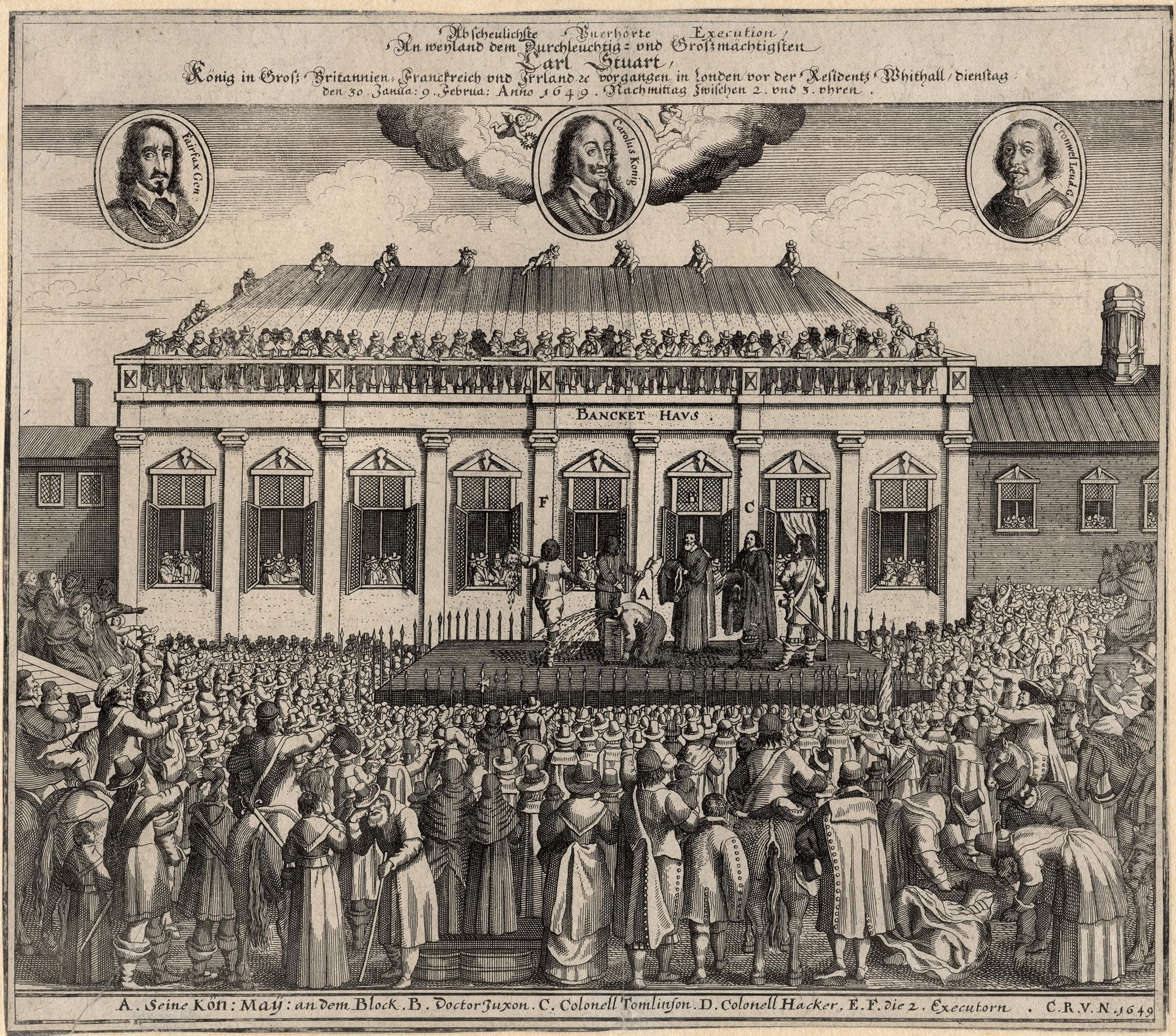 The execution of King Charles I, by unknown artist. See source website for additional information.
Text: "The most abhorrent outrageous execution, performed on the most serene and most grandly powerful Carl Stuart, king in Great Britain, France and Ireland etc. in London before Whitehall Palace, Tuesday 30 January [Julian] / 9 February [Gregorian] in the year 1649, between 2 and 3 pm."

This set of images was gathered by User:Dcoetzee from the National Portrait Gallery, London website using a special tool. All images in this batch are listed as "unknown author" by the NPG, who is diligent in researching authors, and was donated to the NPG before 1939 according to their website.