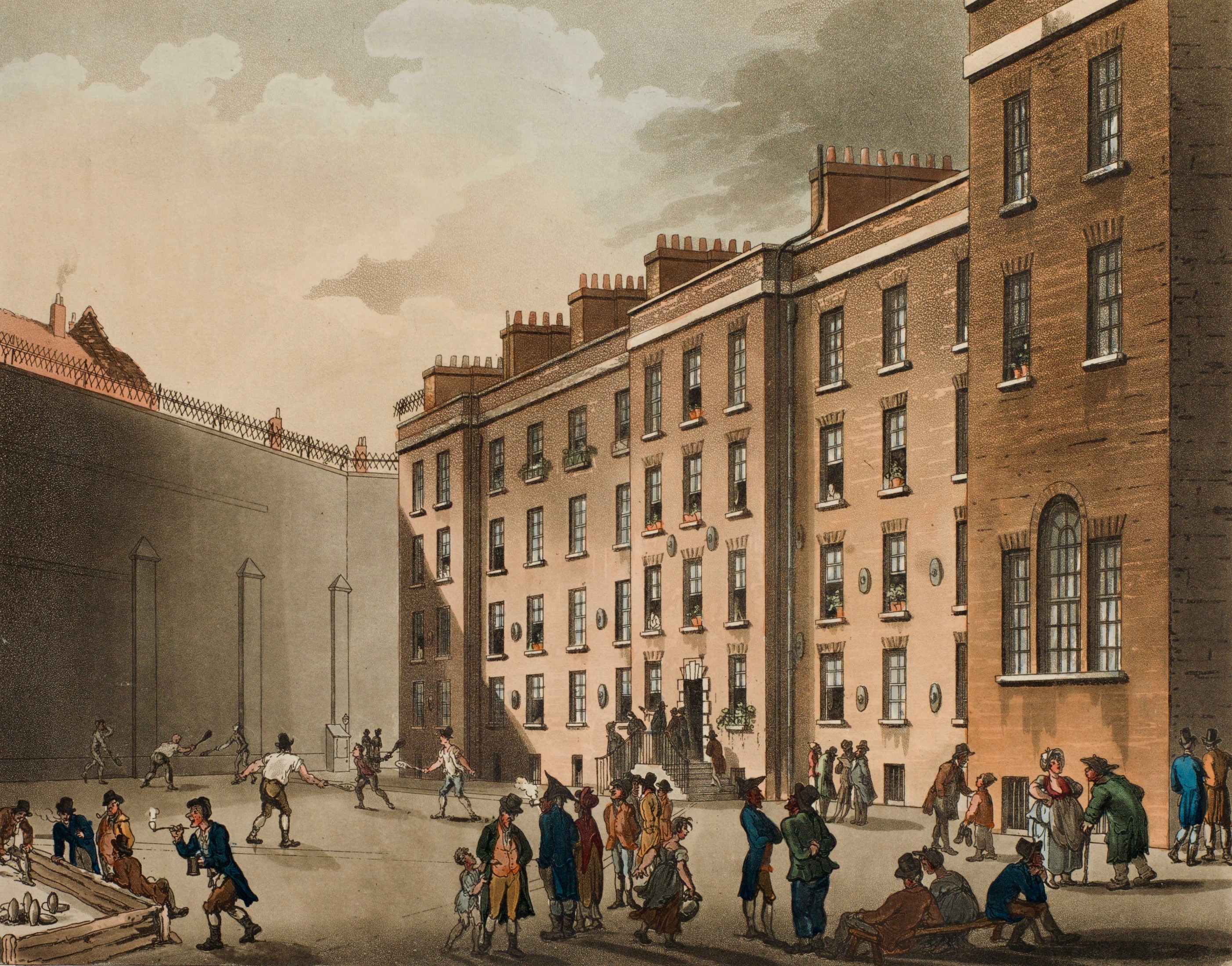 The raquet ground of the Fleet Prison by Augustus Pugin and Thomas Rowlandson for Ackermann's Microcosm of London (1808-11); hand-coloured etching and aquatint, published 1 September 1808. See source website for additional information.