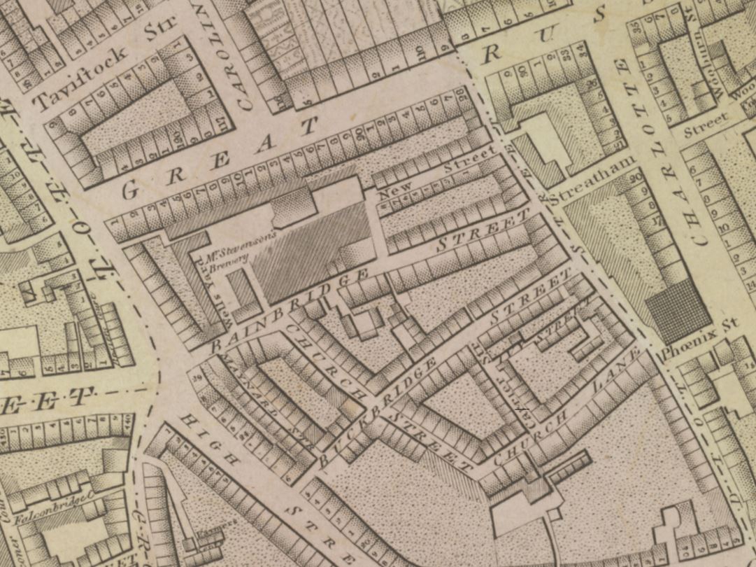 Map showing the Horse Shoe Brewery, Bainbridge Street, London
