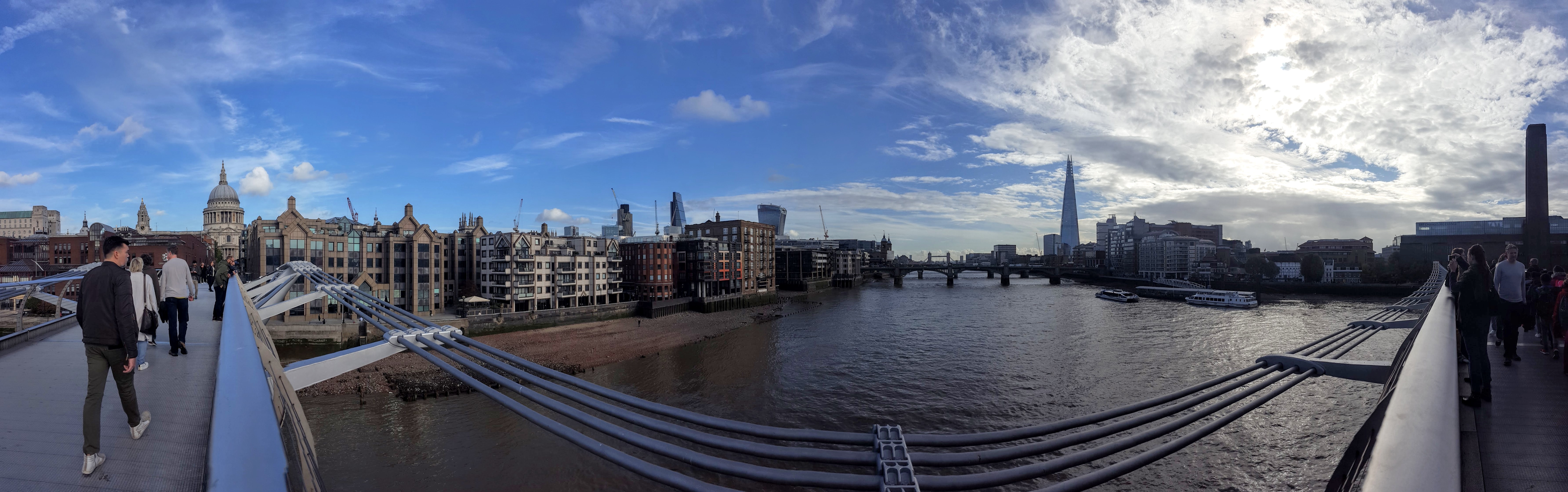 The view from Millennium Bridge looking east, showing the Leadenhall building, 20 Fenchurch Street, London Bridge, Tower Bridge and The Shard.