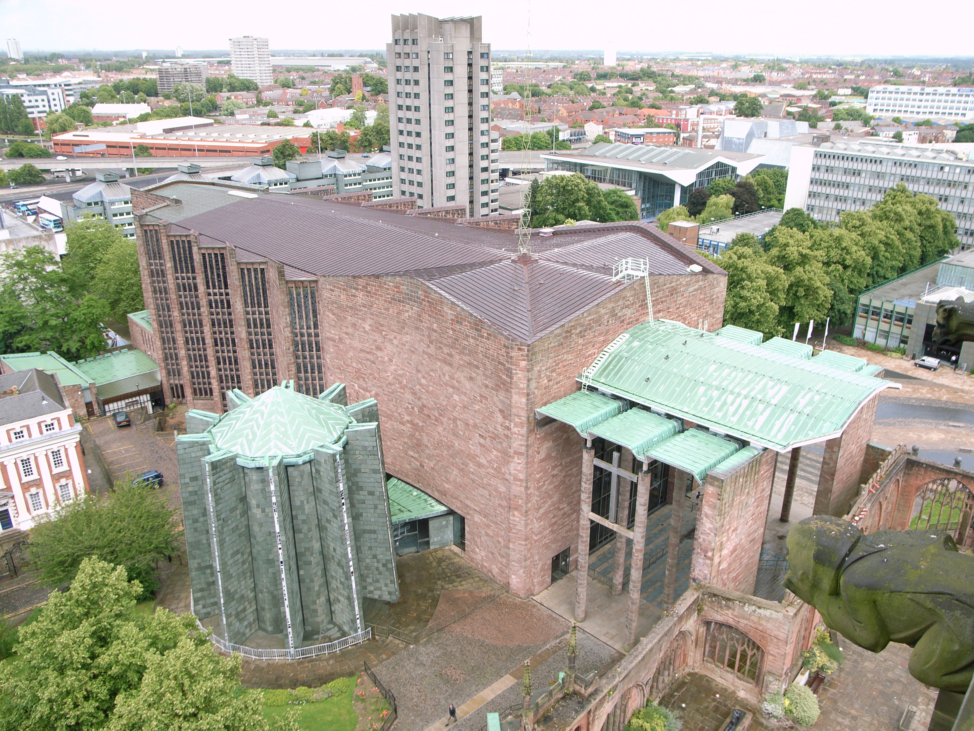 The modern Coventry Cathedral, Coventry, West Midlands, England, seen from the west tower of the old cathedral