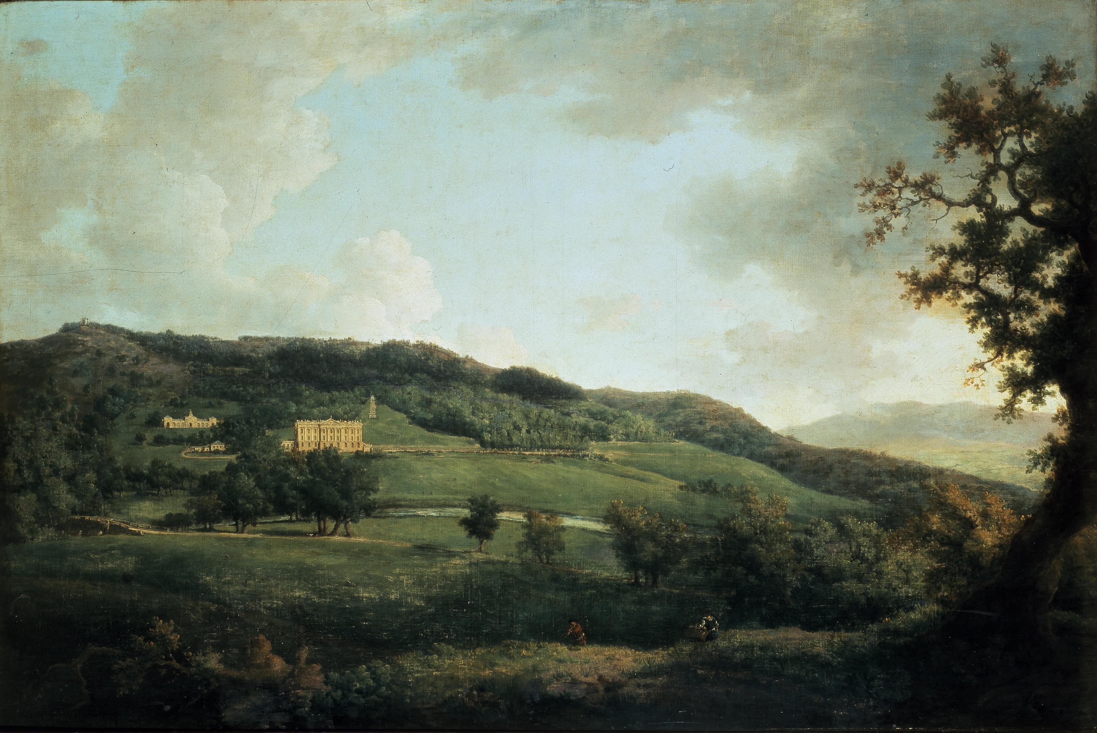 An oil painting showing the west front of Chatsworth House in the 18th century, painted by William Marlow (1740–1813). The stable block is to the left of the house and the cascade to the right. The north wing had not been built. This picture emphasises the romantic aspect of Chatsworth's setting on the edge of the Peak District. The hills behind house were windswept moorland when it was built. They were not forested until the 18th century, and are still partially exposed in this view.