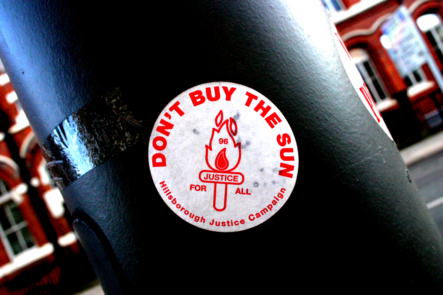 A sticker with messaging promoted by the Hillsborough Justice Campaign urging people not to buy The Sun following its coverage of the Hillsborough disaster.