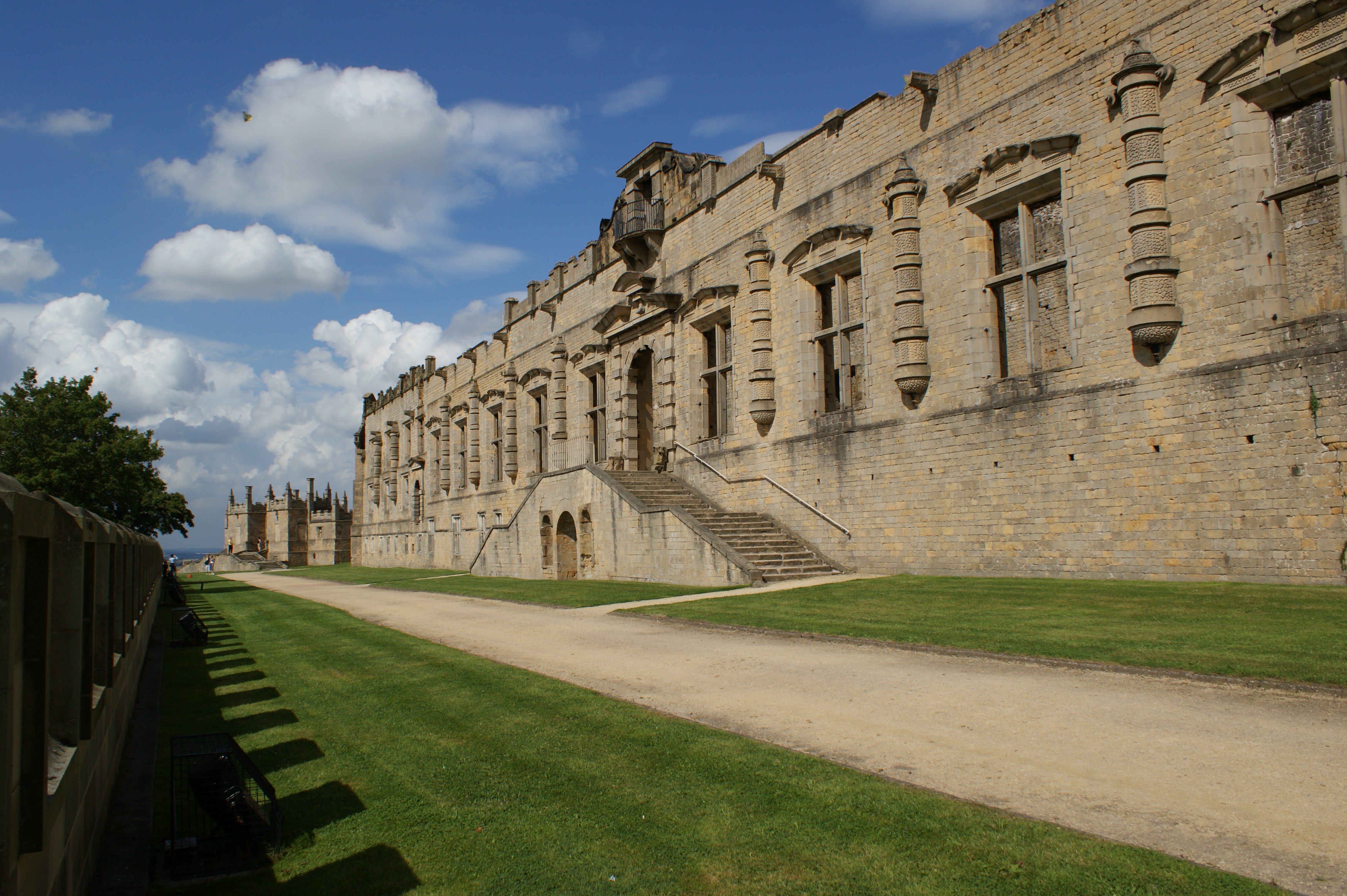 Outside of the long gallery at Bolsover. The Little Castle is in the background on the left.