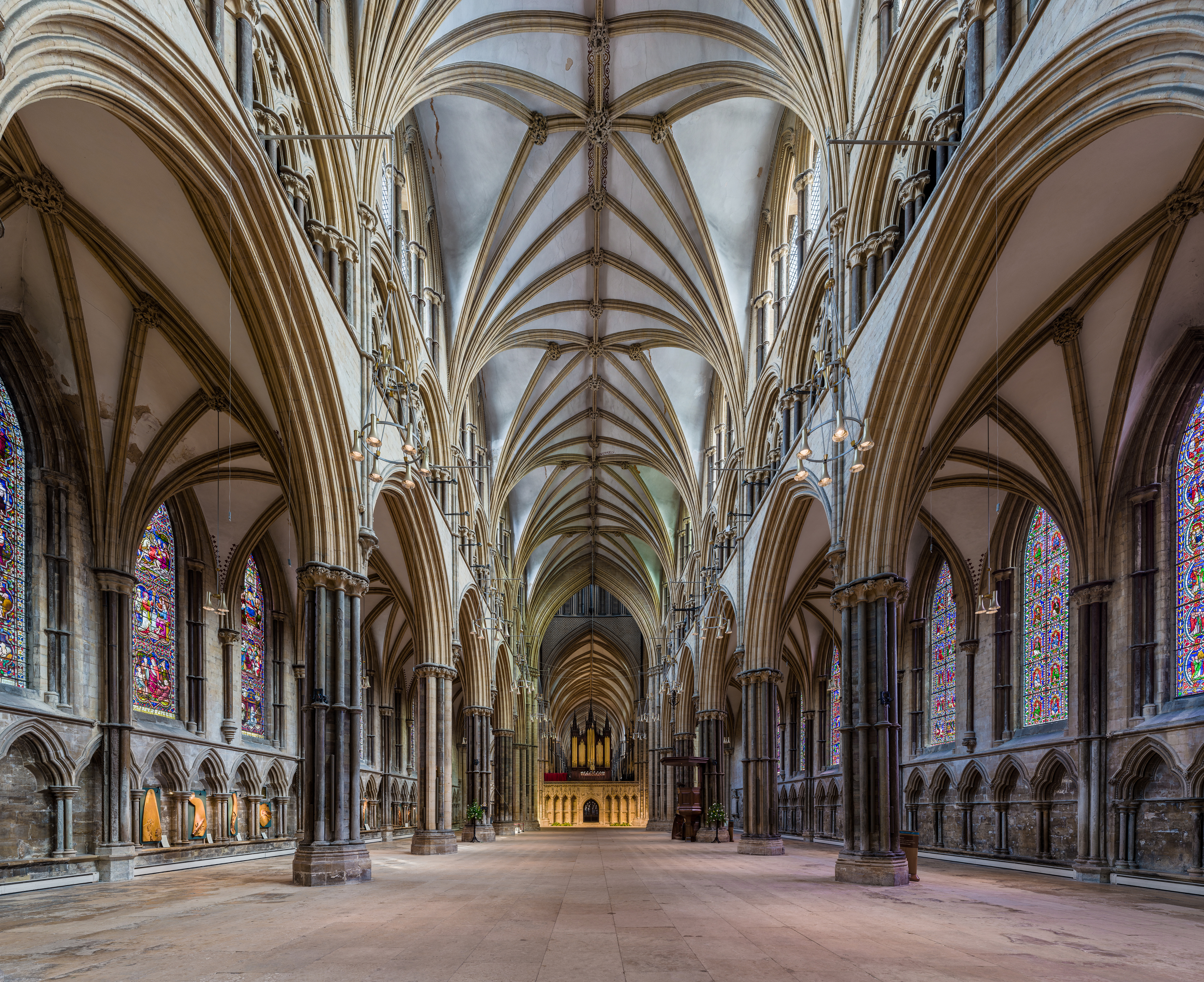 The nave of Lincoln Cathedral looking east, in Lincolnshire, England.