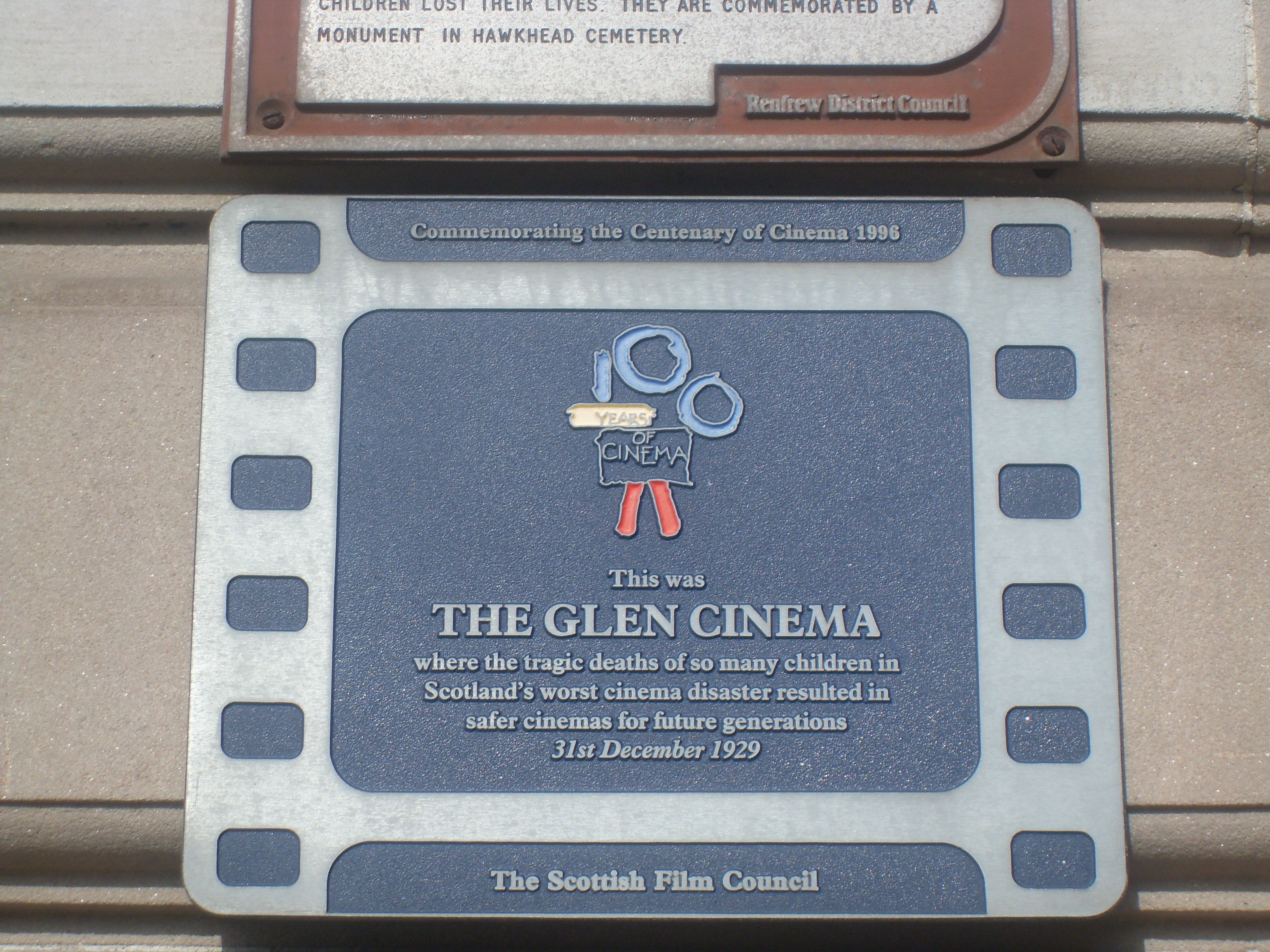 one of 2 Plaques about the Glen Cinema Disaster in Paisley