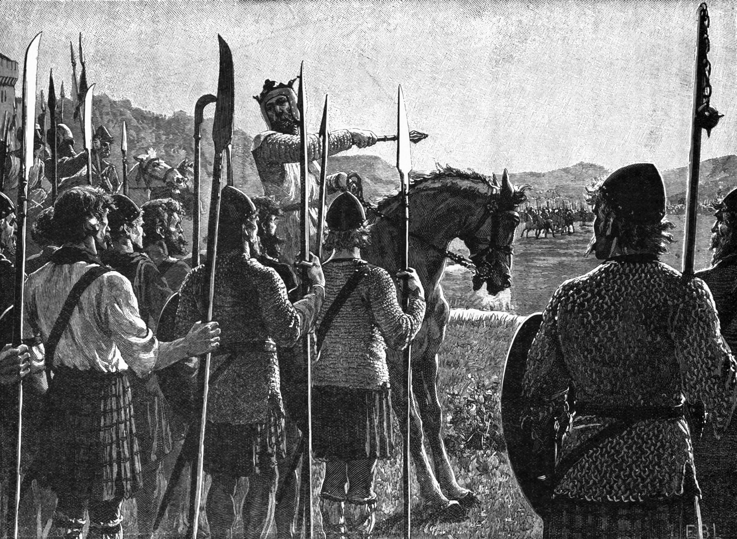 Bannockburn: Bruce Reviewing His Troops Before the Battle. Note: This is a very anachronistic image; kilts like this did not exist in Bruce's time period, but date to around 1690s–1720s. This image should probably not be used to illustrate Wikipedia articles about Bruce or the Battle of Baccnockburn, as it is very misleading.