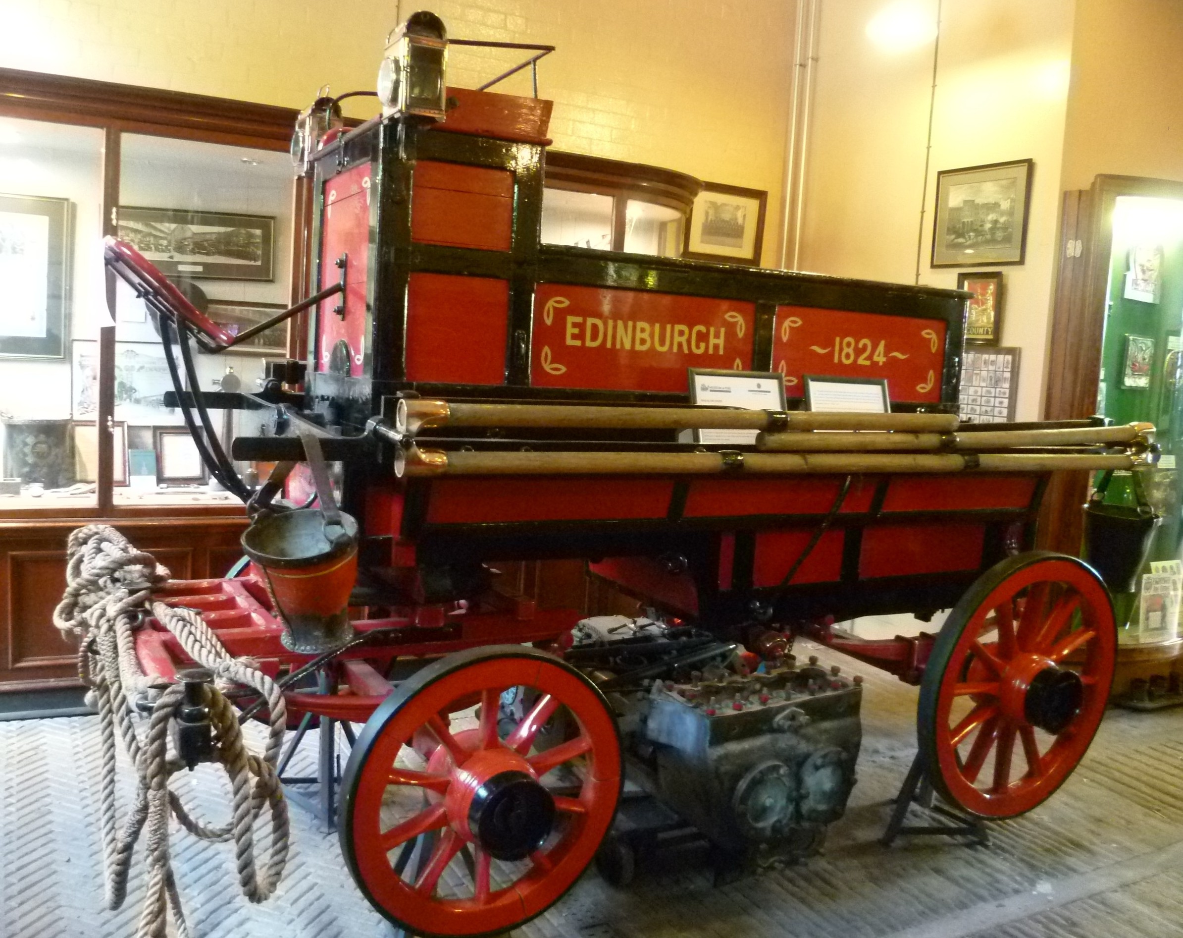 A manually drawn water-pump from the year of the founding of the Edinburgh Fire Establishment, Britain's first muncipal fire brigade, led by James Braidwood, its first Master of Fire Engines. It can be seen in the  Museum of Fire of the Lothian and Borders Fire and Rescue Service in Edinburgh.