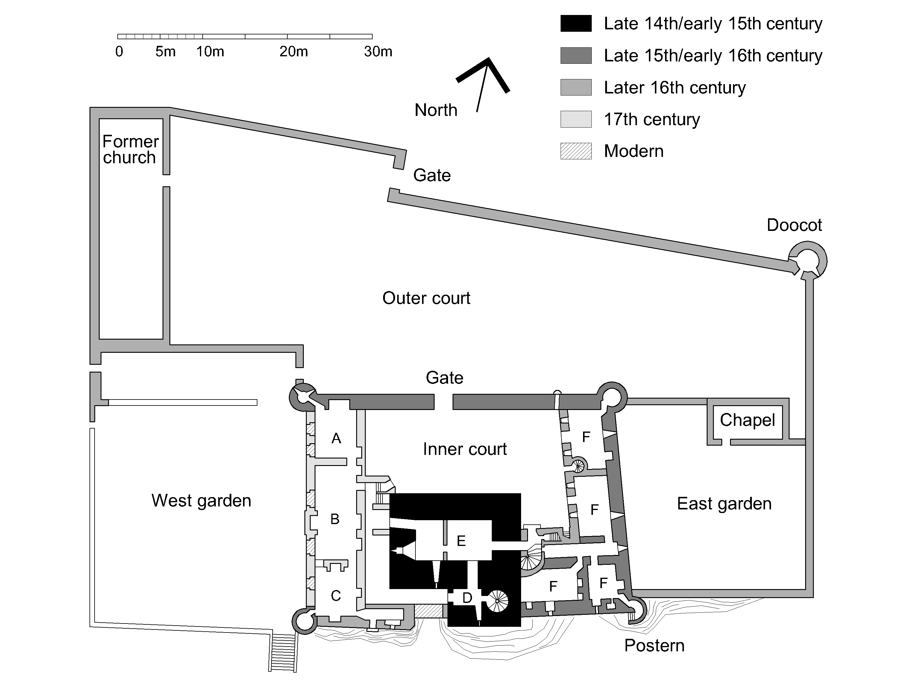 Plan of Craigmillar Castle, Edinburgh, Scotland. 
Key: A=Kitchen, B=Dining Room, C=Chamber, D=Tower entrance, E=Tower cellars, F=East range cellars