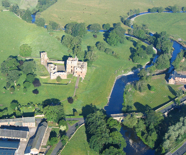 River Eamont at Brougham Castle, Cumbria near to Carleton, Cumbria, Great Britain. This view shows the waters of the River Eamont and River Lowther meeting at Brougham Castle.