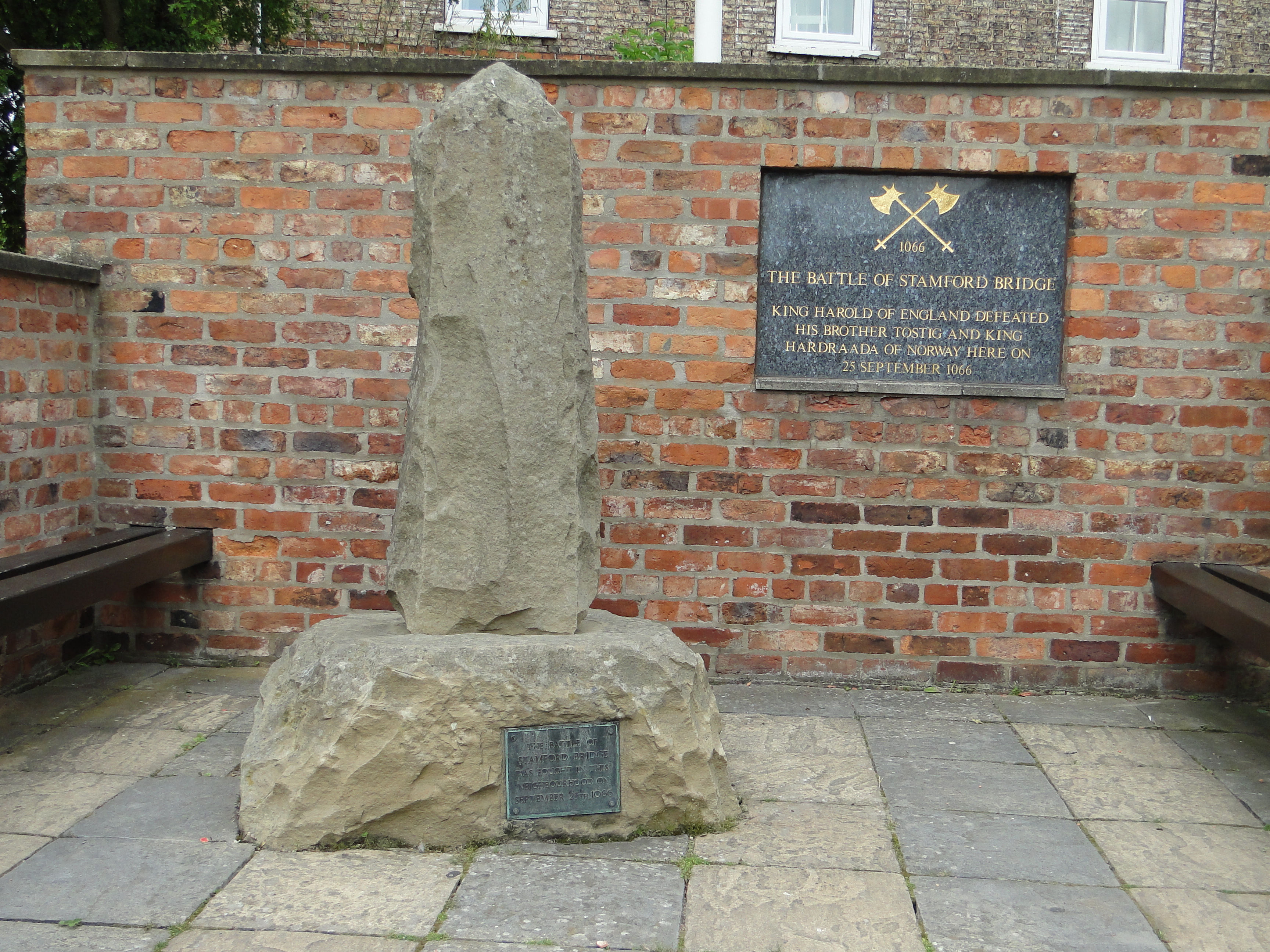 Plaque commemorating the battle in 1066 in Stamford Bridge, East Riding of Yorkshire, England.