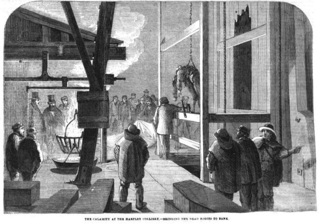 The calamity at the Hartley Colliery, bringing the dead bodies to bank Illustration for the Illustrated Times, 1 February 1862. No 357. Vol. 14.
See Illustrated Times