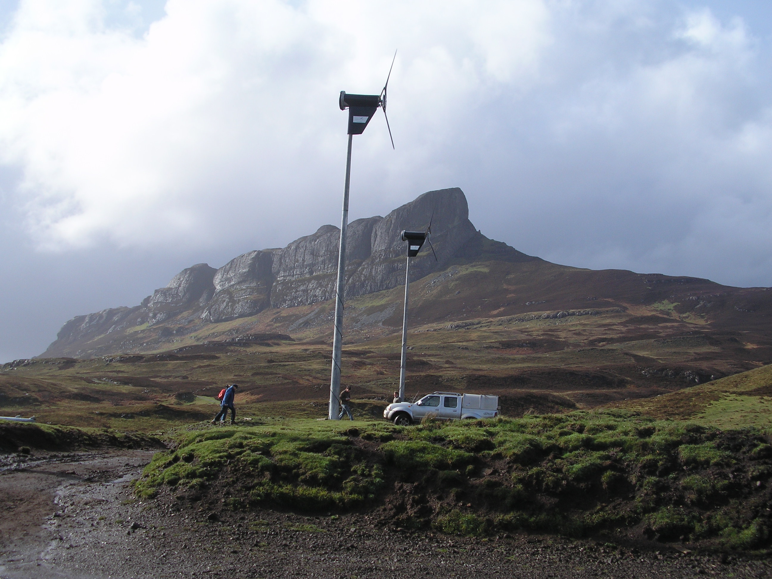 Wind turbines under An Sgurr, Eigg, in the Small Isles, Scotland