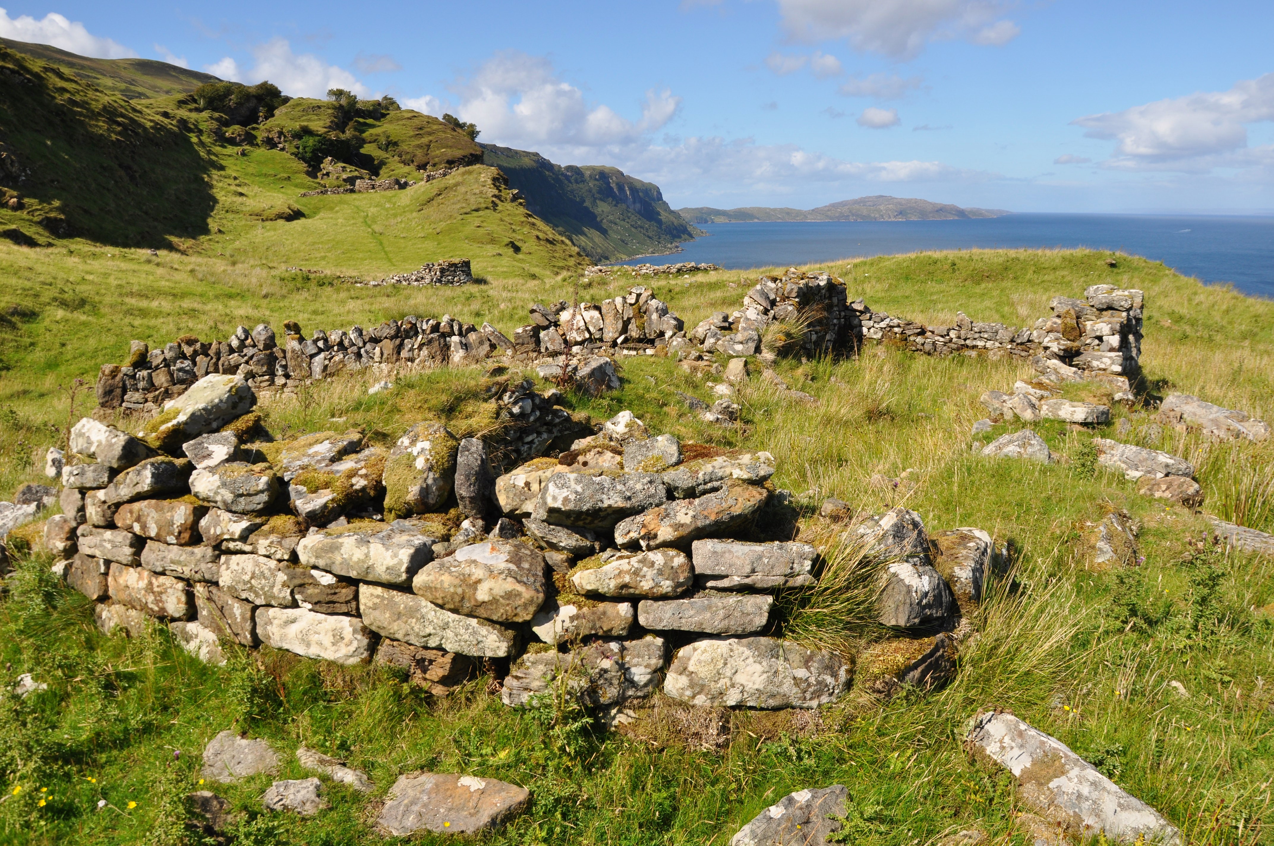Remains of the abandoned village of Hallaig on the Isle of Raasay (Scotland), looking north along the east coast of the island.