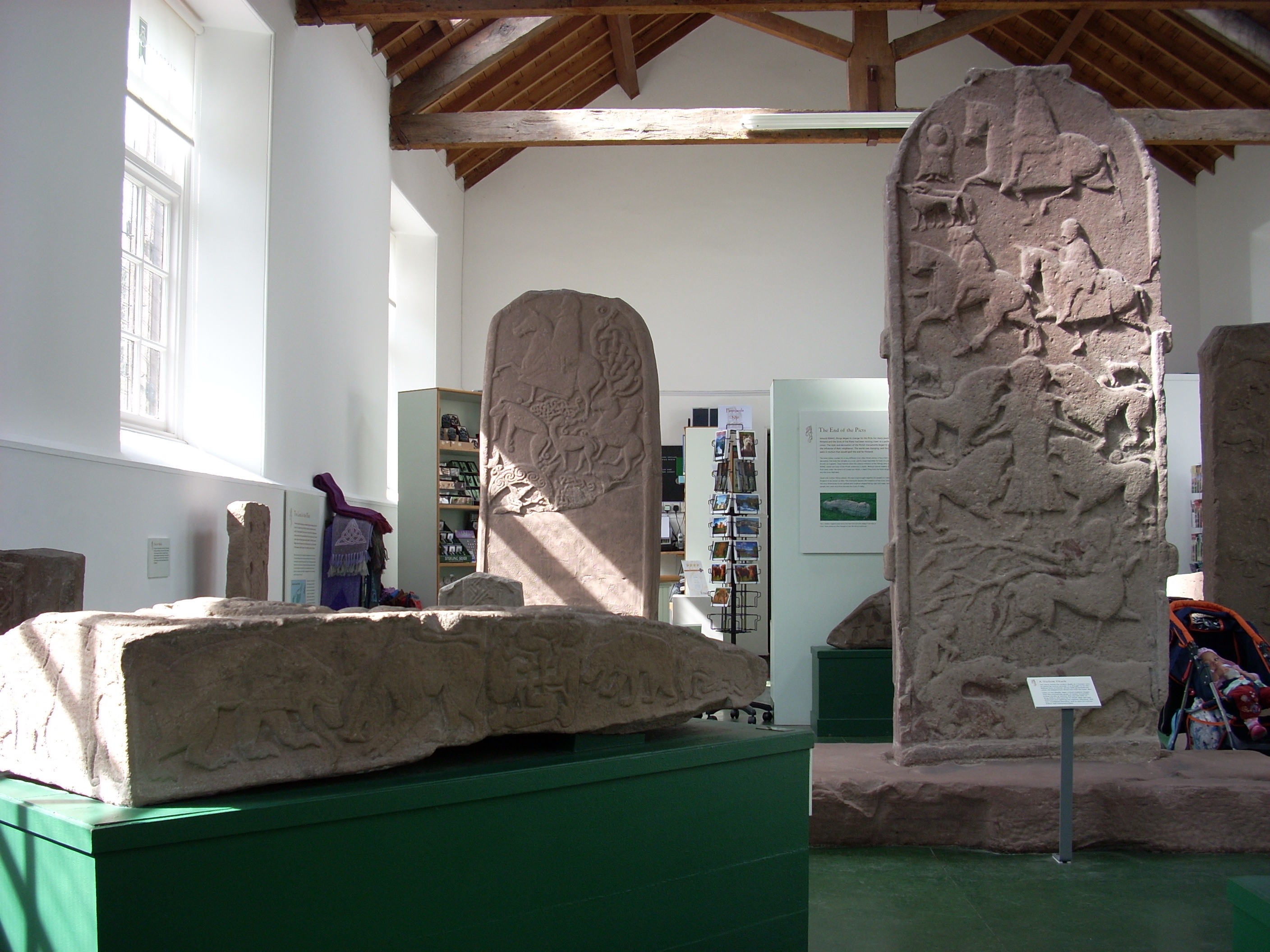 View of the Sculptured Stone Museum at Meigle, Scotland, displaying Pictish symbol stones from the 8th and 9th centuries AD.