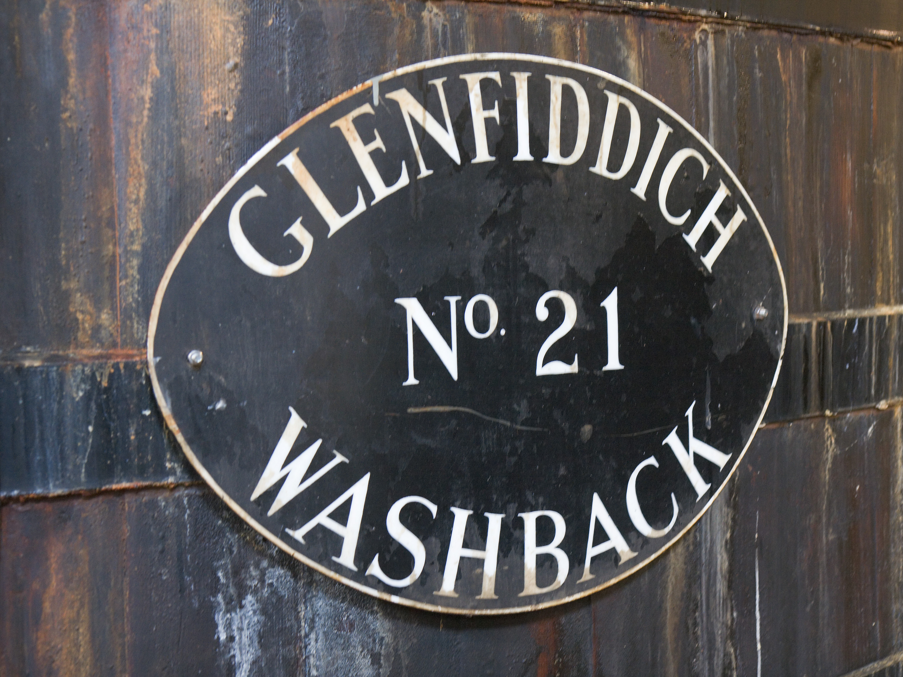 Label on the washback tun of Glenfiddich destillery; Dufftown, Moray, Scotland