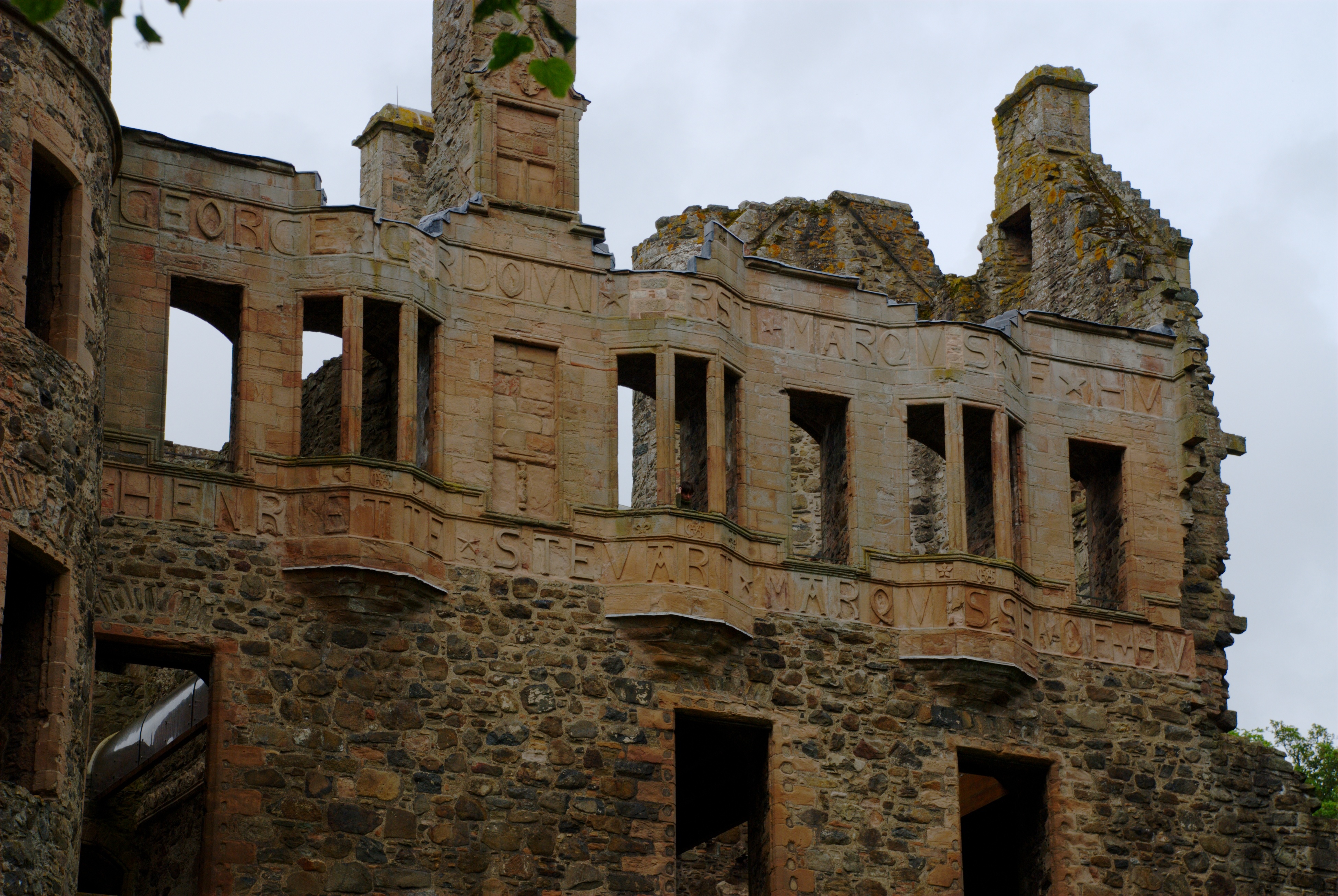 Detail of the inscriptions at the front of Huntly Castle