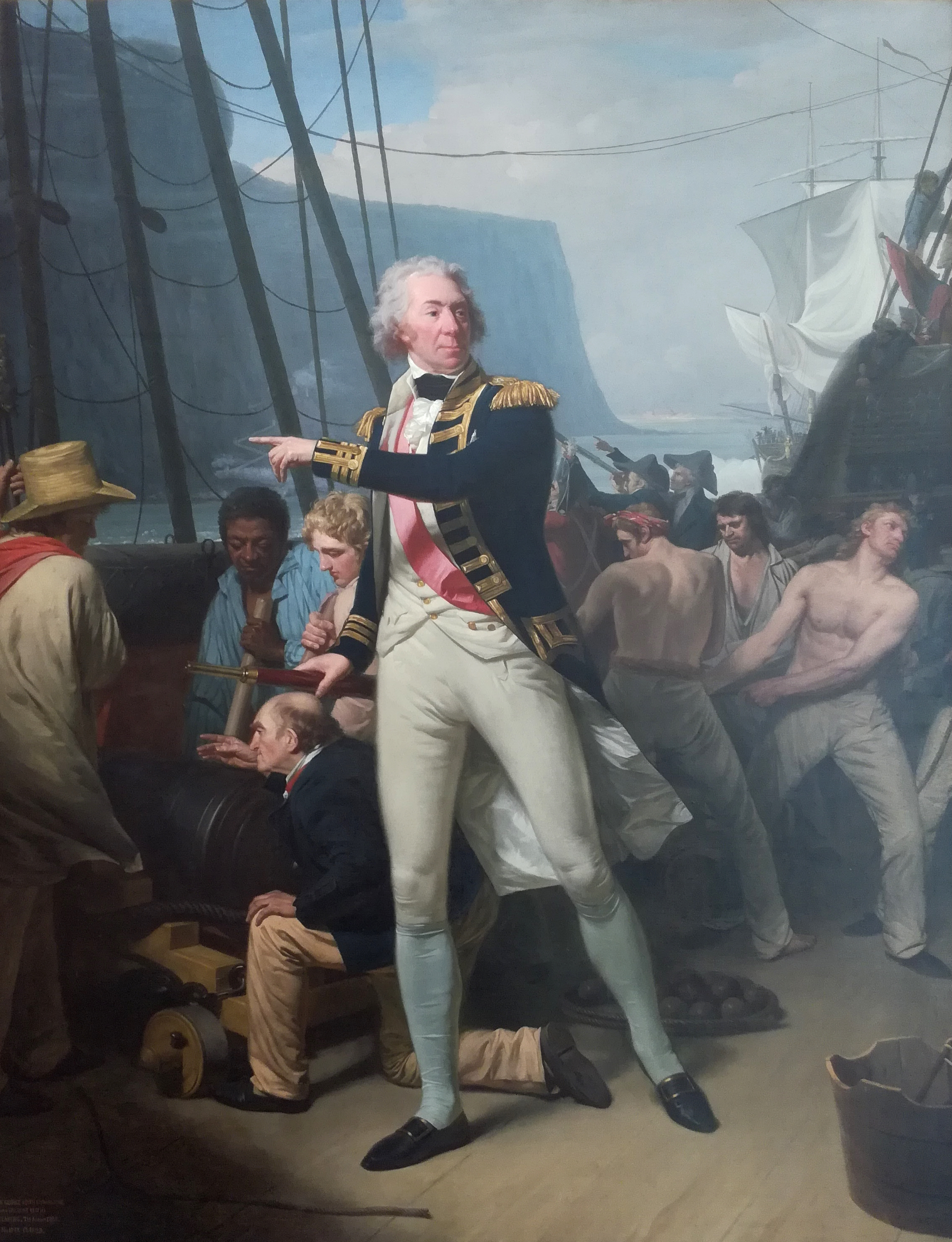 Painting of Admiral of the Red Sir George Keith Elphinstone (later 1st Viscount Keith) at the Battle of Muizenberg, 1795 by Henri Pierre Danloux at Bowood House, 30 June 2019. The Battle of Muizenberg against the Dutch resulted in Britain taking Cape Colony.
Cropped from the origional on commons.

original