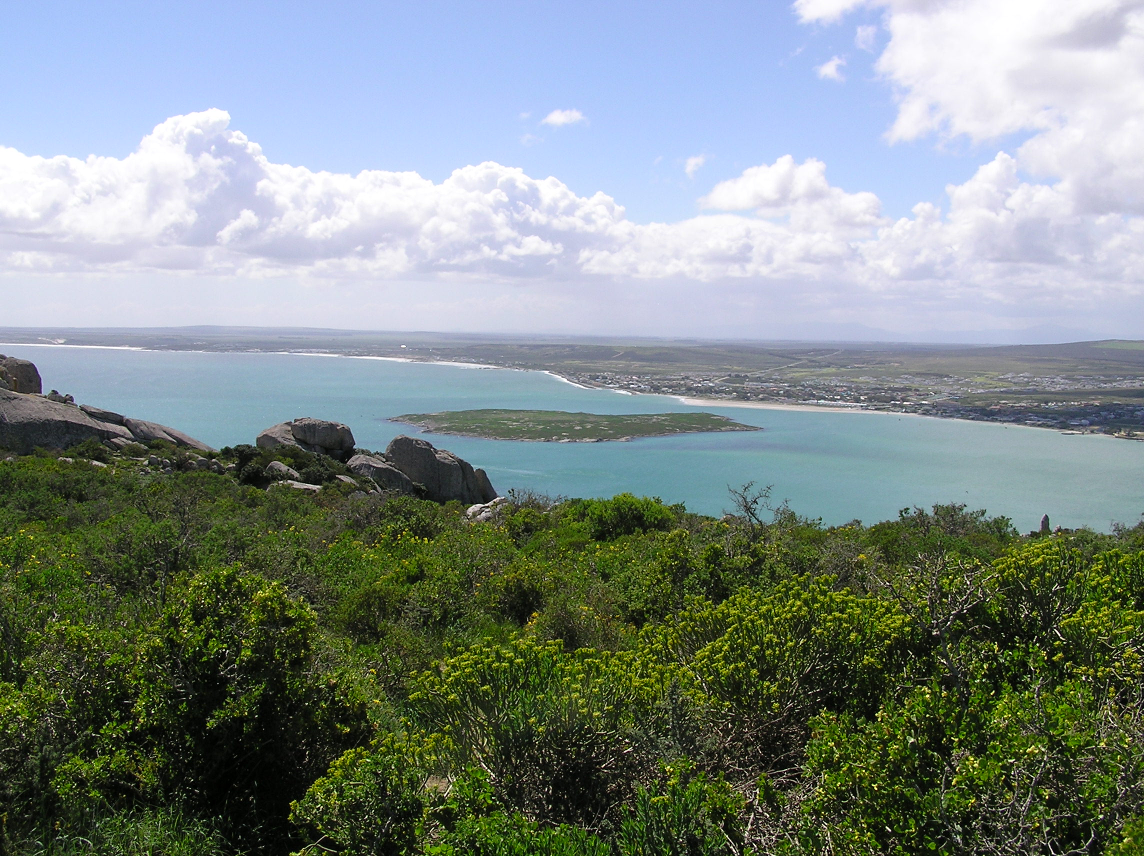 Entrance to Langebaan Lagoon in the West Coast National Park, Western Cape, South Africa. Schaapeneiland and Langebaan town are in the middle distance and background respectively.