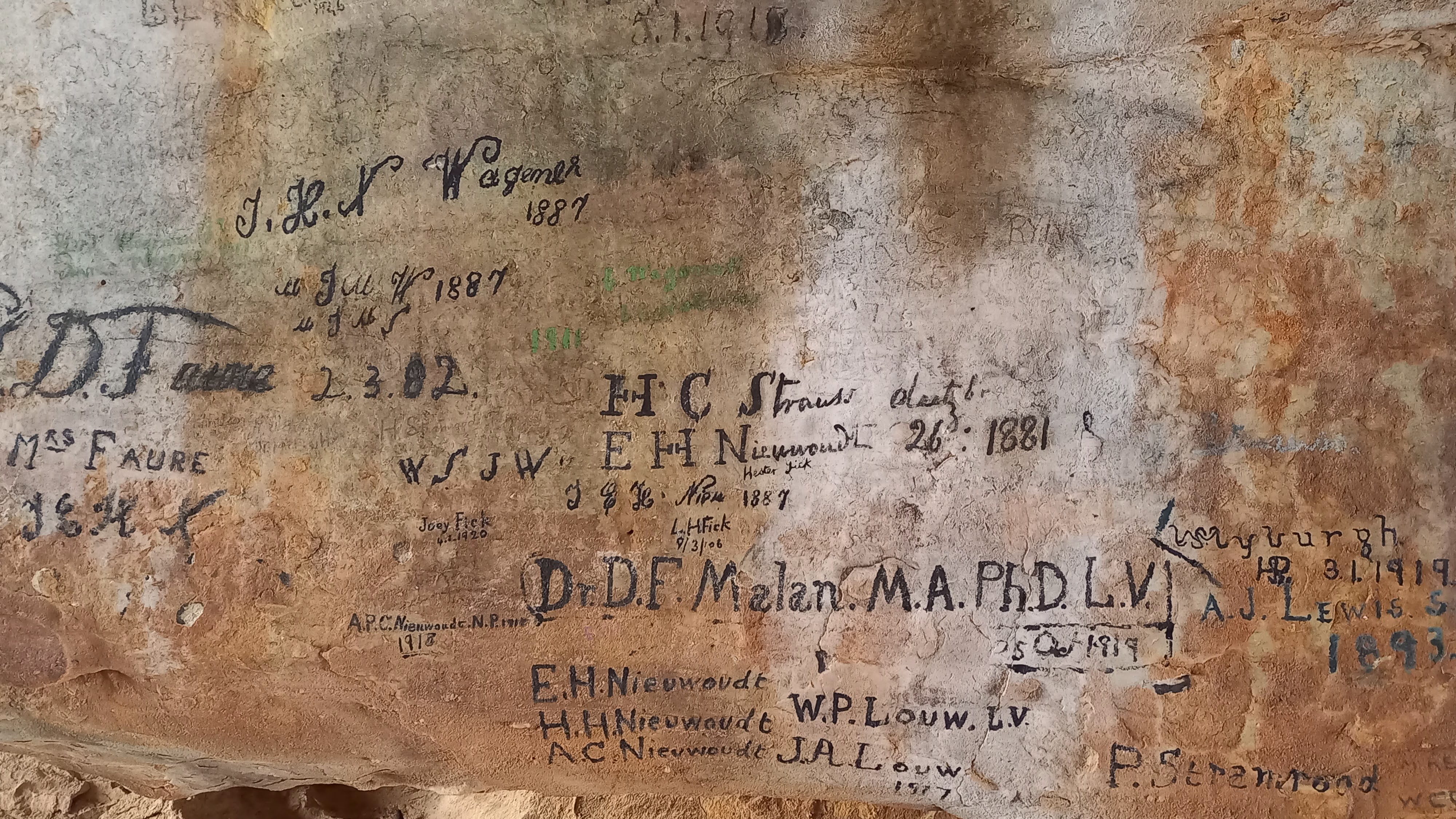 Historic names painted in the Stadsaal Caves, Cederberg, including the name of D F Malan, later Prime Minister of South Africa